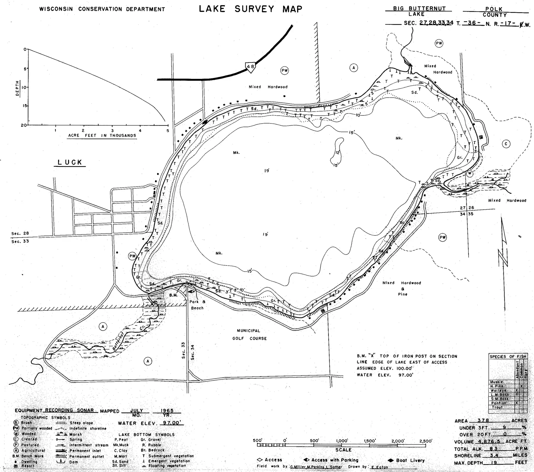 DNR survey map of Big Butternut Lake, with depths in feet. Tap to zoom.