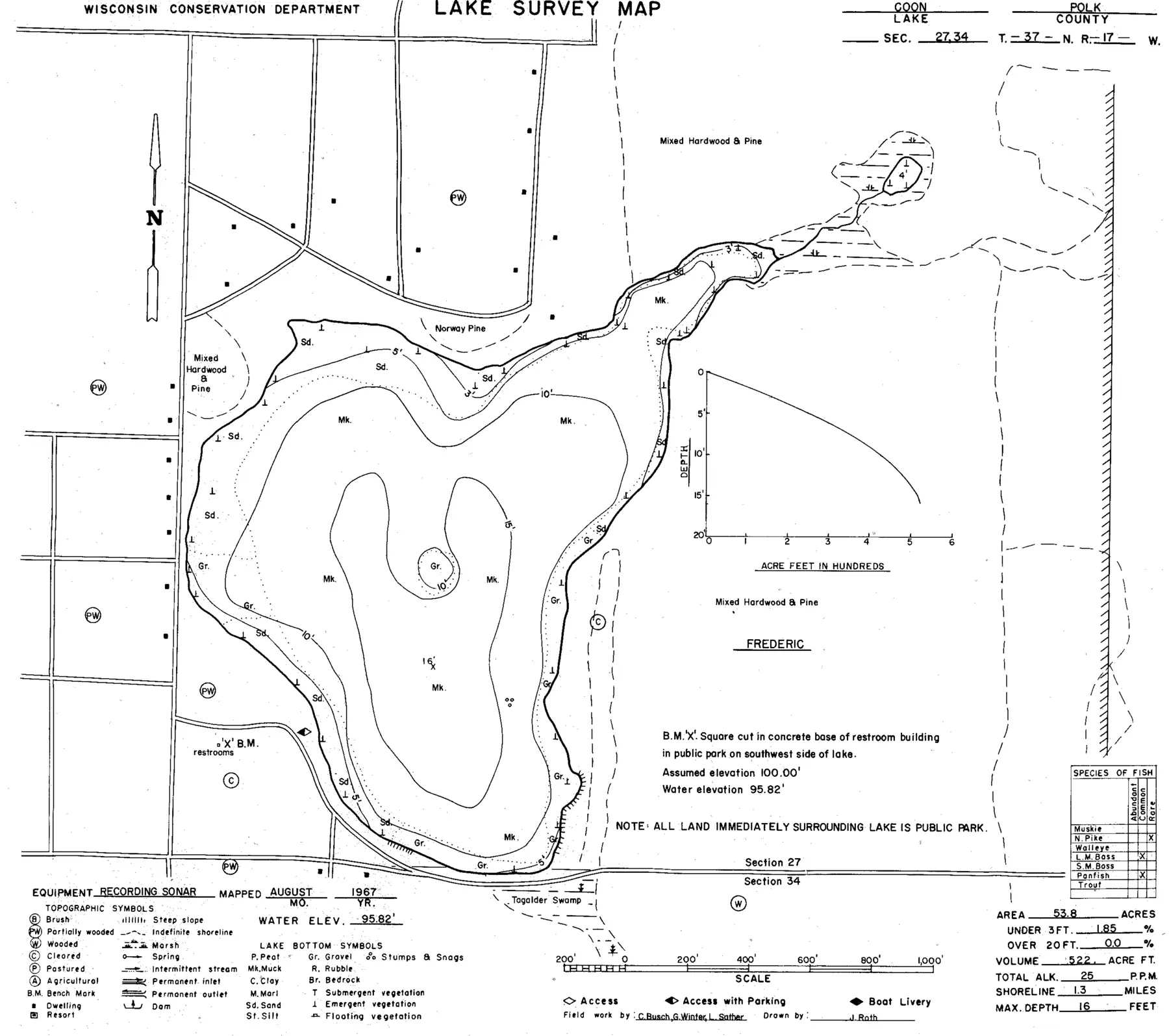 DNR survey map of Coon Lake, with depths in feet. Tap to zoom.