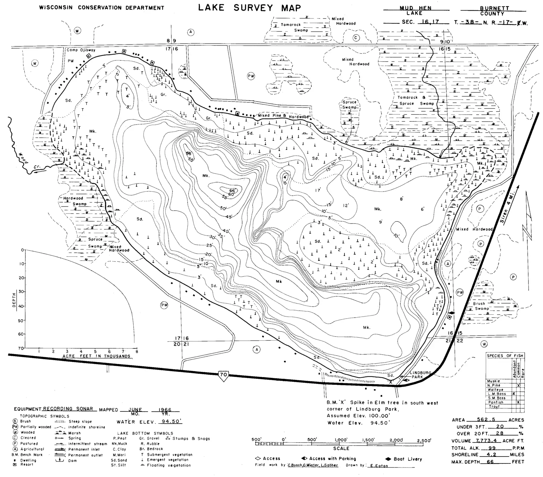 DNR survey map of Mud Hen Lake, with depths in feet. Tap to zoom.