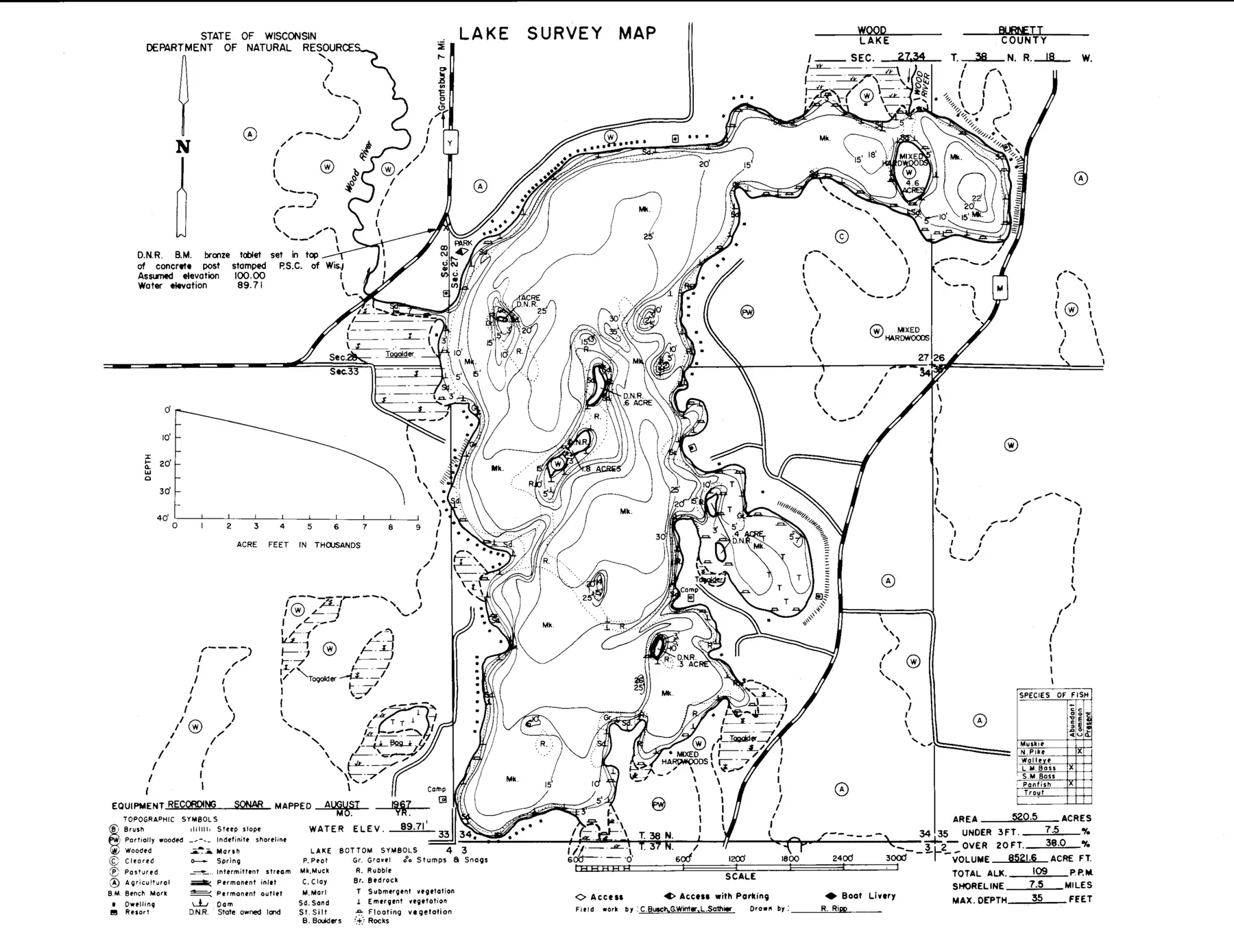 DNR survey map of Wood Lake, with depths in feet. Tap to zoom.