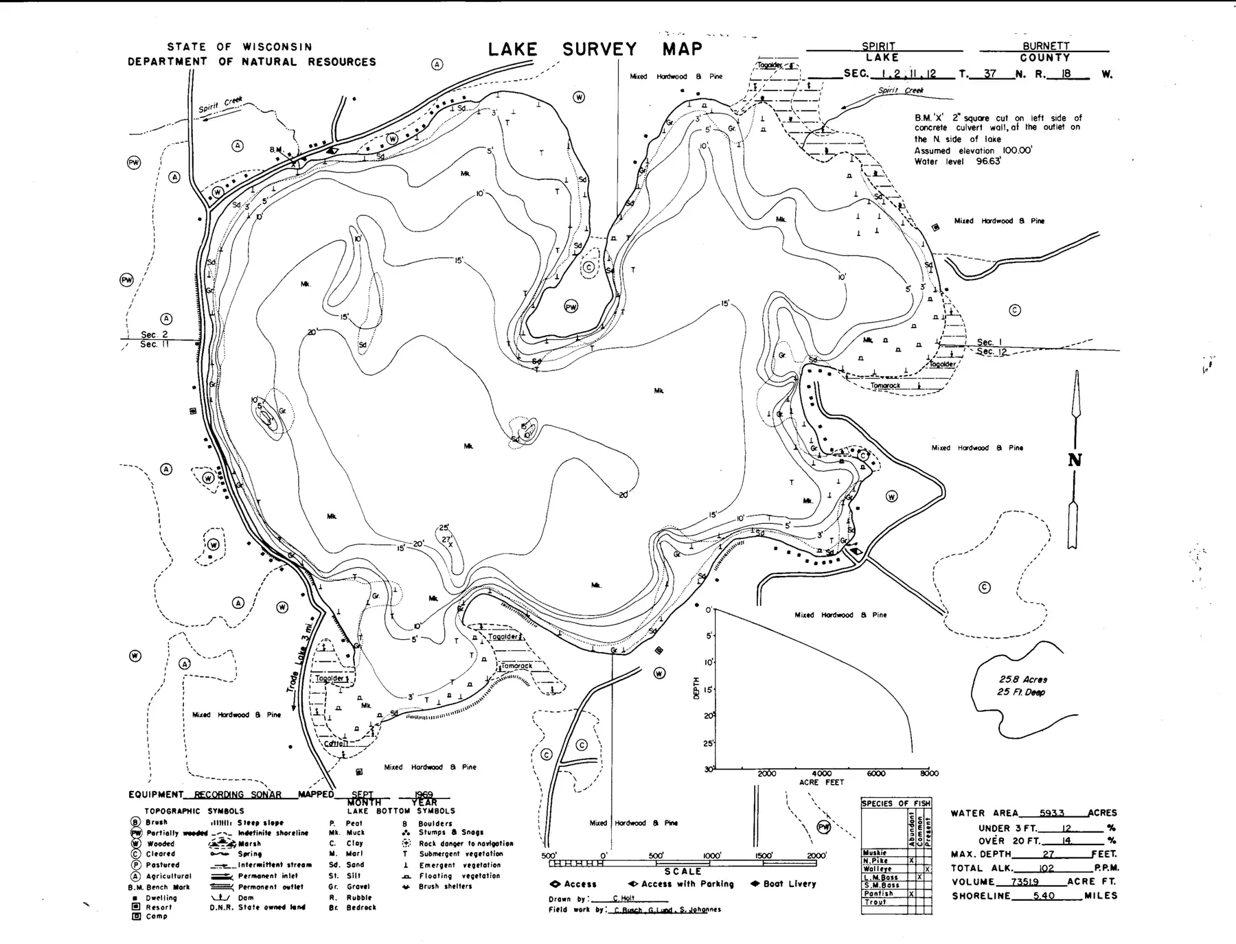 DNR survey map of Spirit Lake, with depths in feet. Tap to zoom.