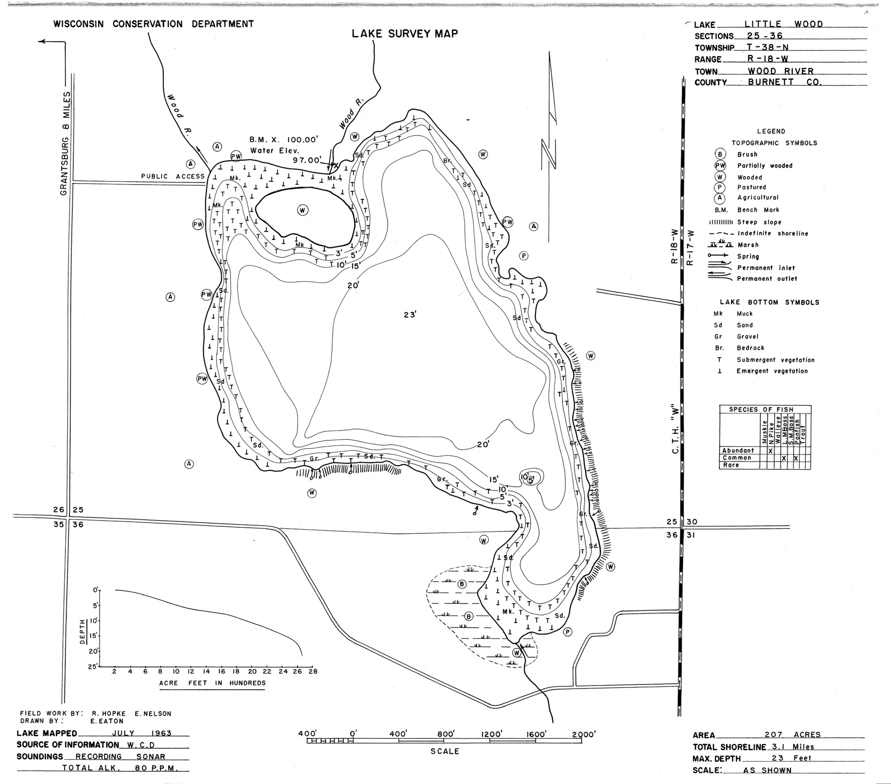 DNR survey map of Little Wood Lake, with depths in feet. Tap to zoom.