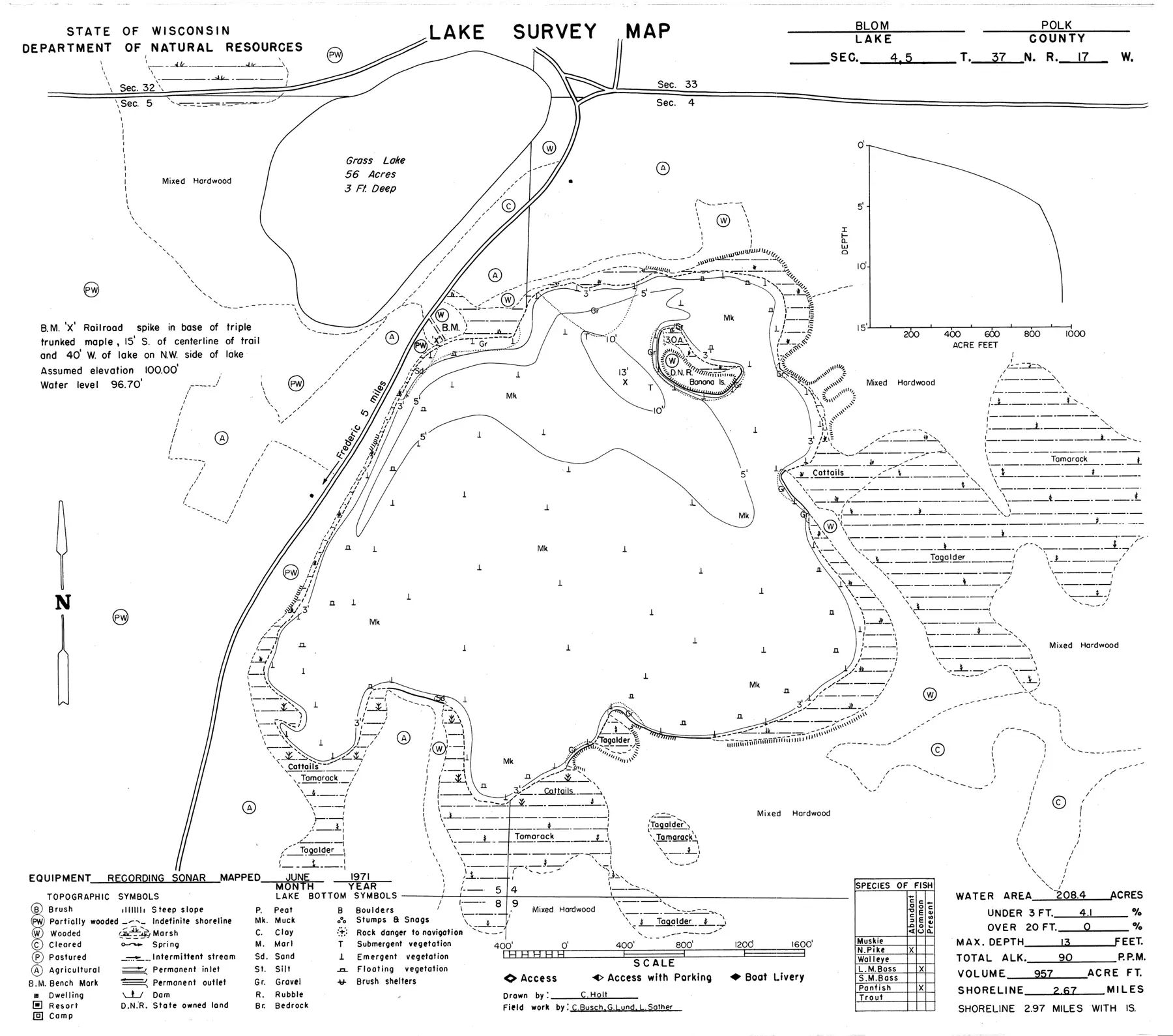 DNR survey map of Blom Lake, with depths in feet. Tap to zoom.