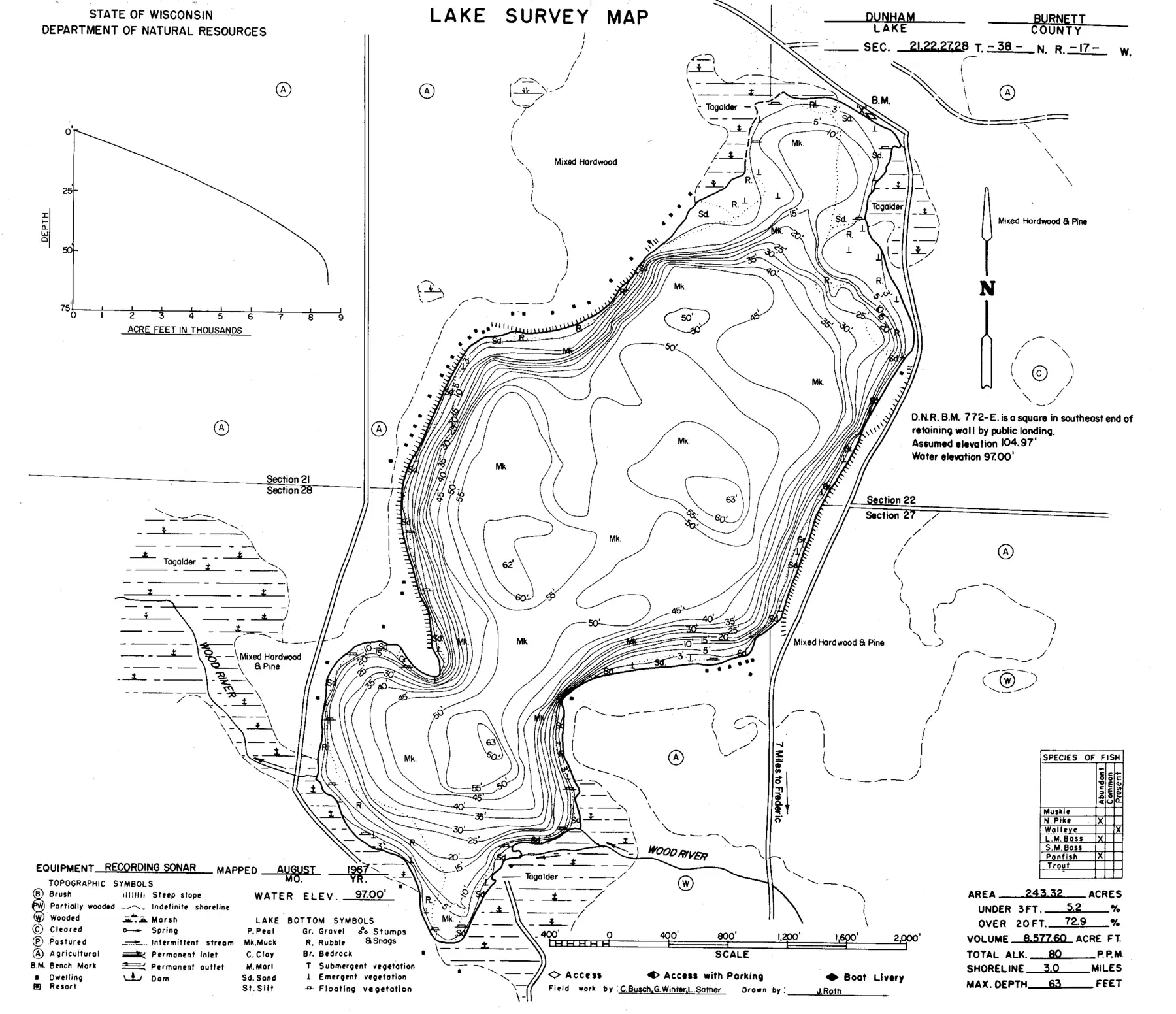 DNR survey map of Dunham Lake, with depths in feet. Tap to zoom.