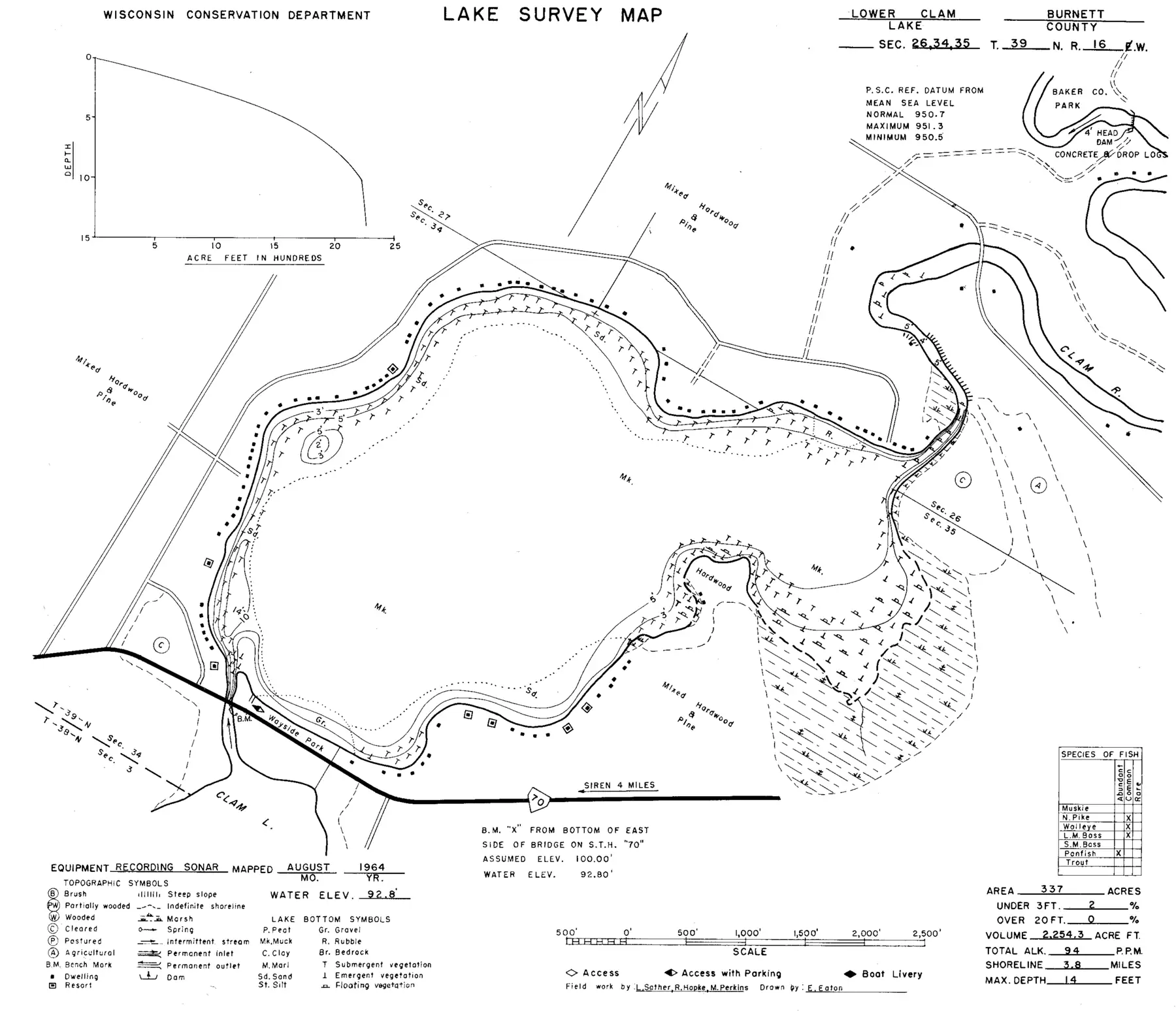 DNR survey map of Lower Clam Lake, with depths in feet. Tap to zoom.