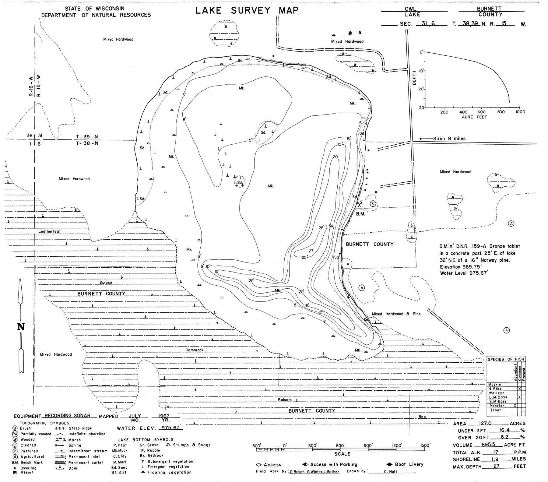 DNR survey map of Owl Lake, with depths in feet. Tap to zoom.