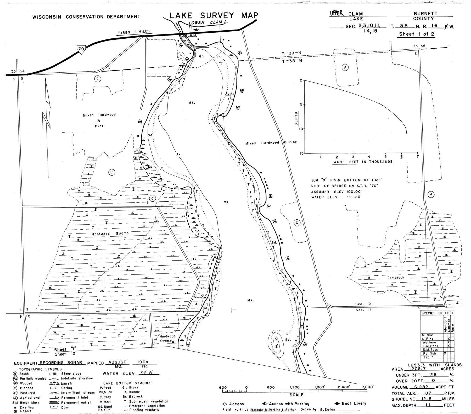 DNR survey map of Clam Lake, sheet 1 of 2, with depths in feet. Tap to zoom.