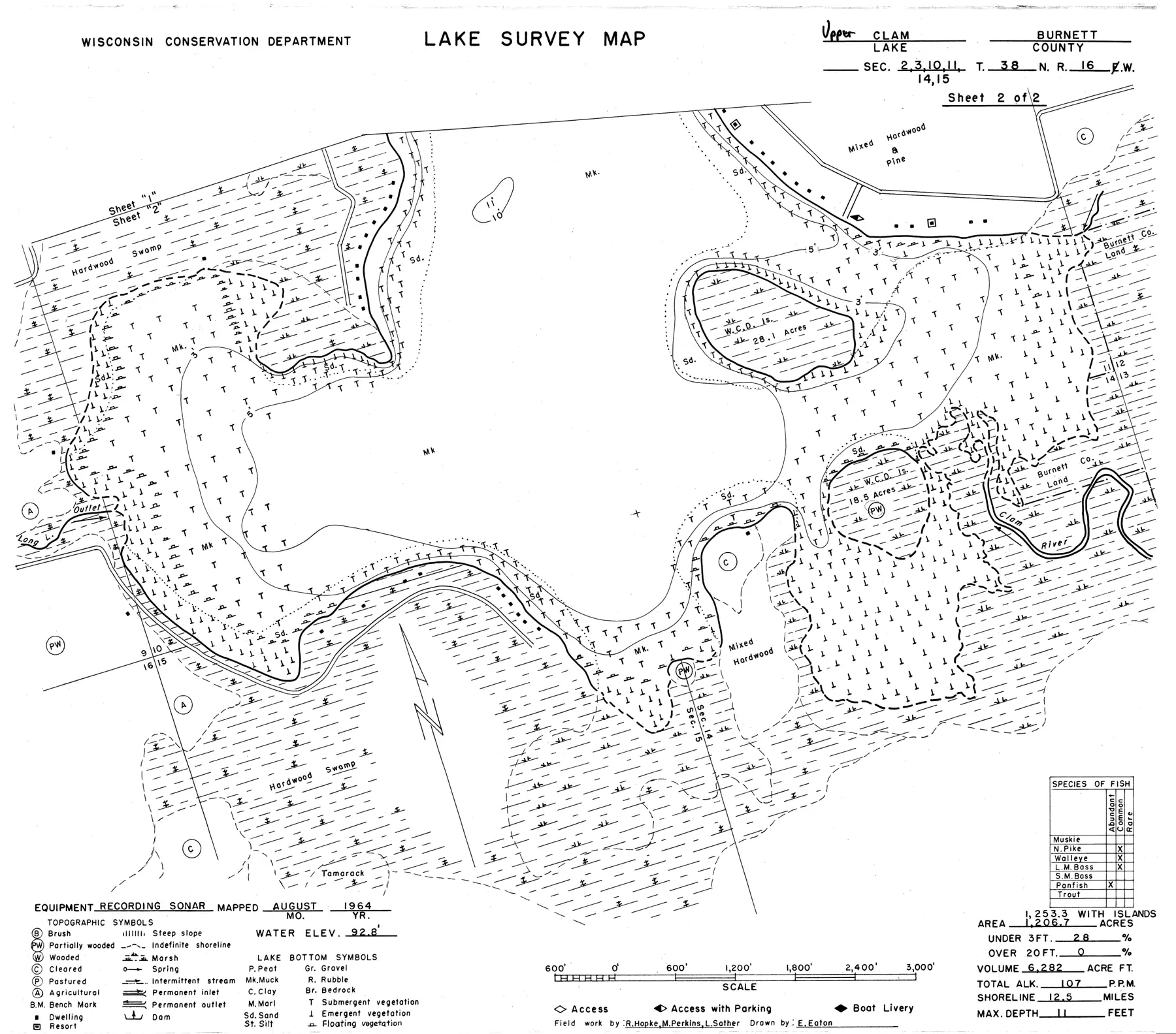 DNR survey map of Clam Lake, sheet 2 of 2, with depths in feet. Tap to zoom.