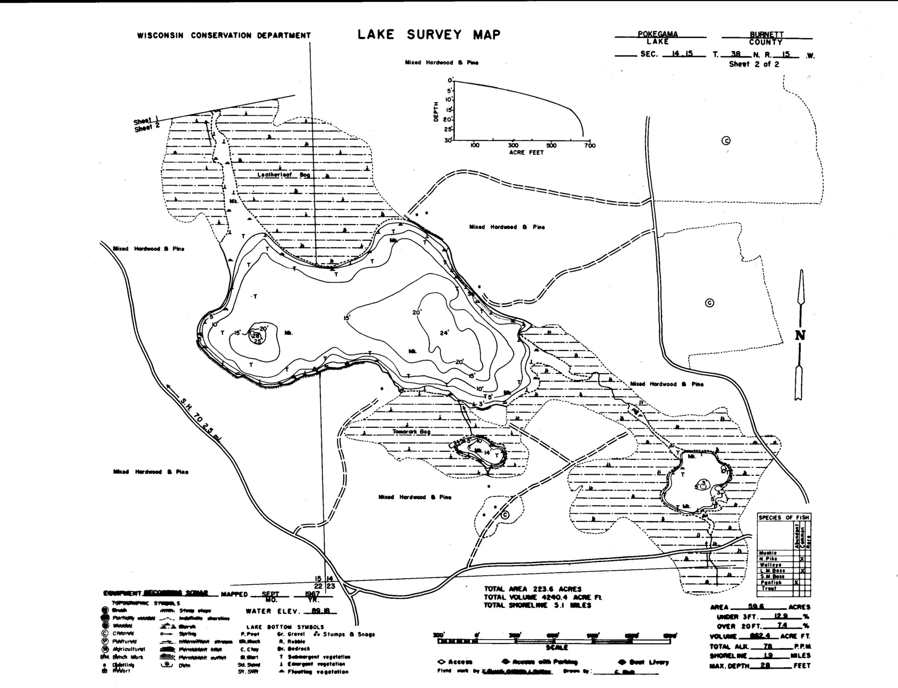 DNR survey map of Pokegama Lake, sheet 2 of 2, with depths in feet. Tap to zoom.