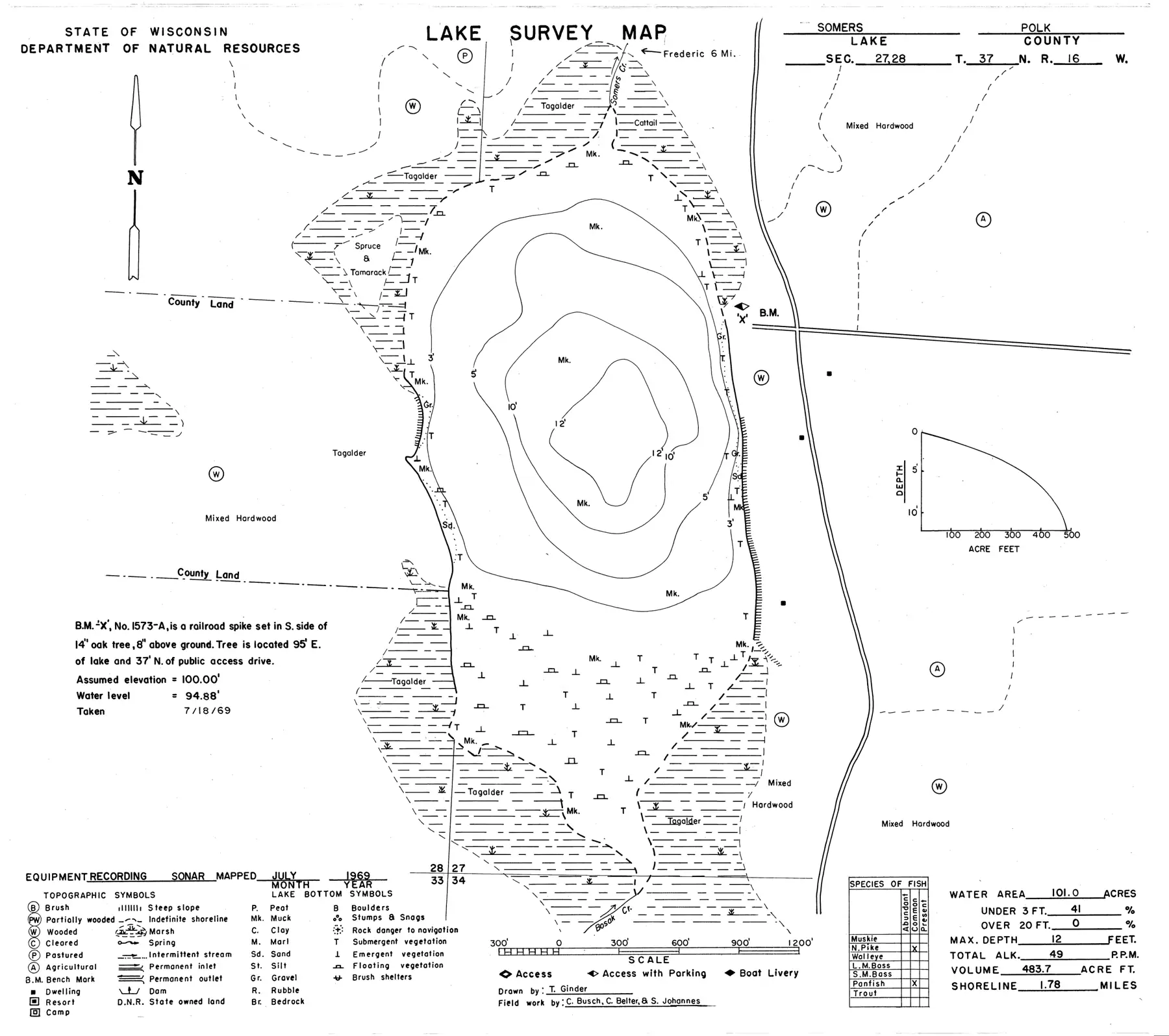 DNR survey map of Somers Lake, with depths in feet. Tap to zoom.
