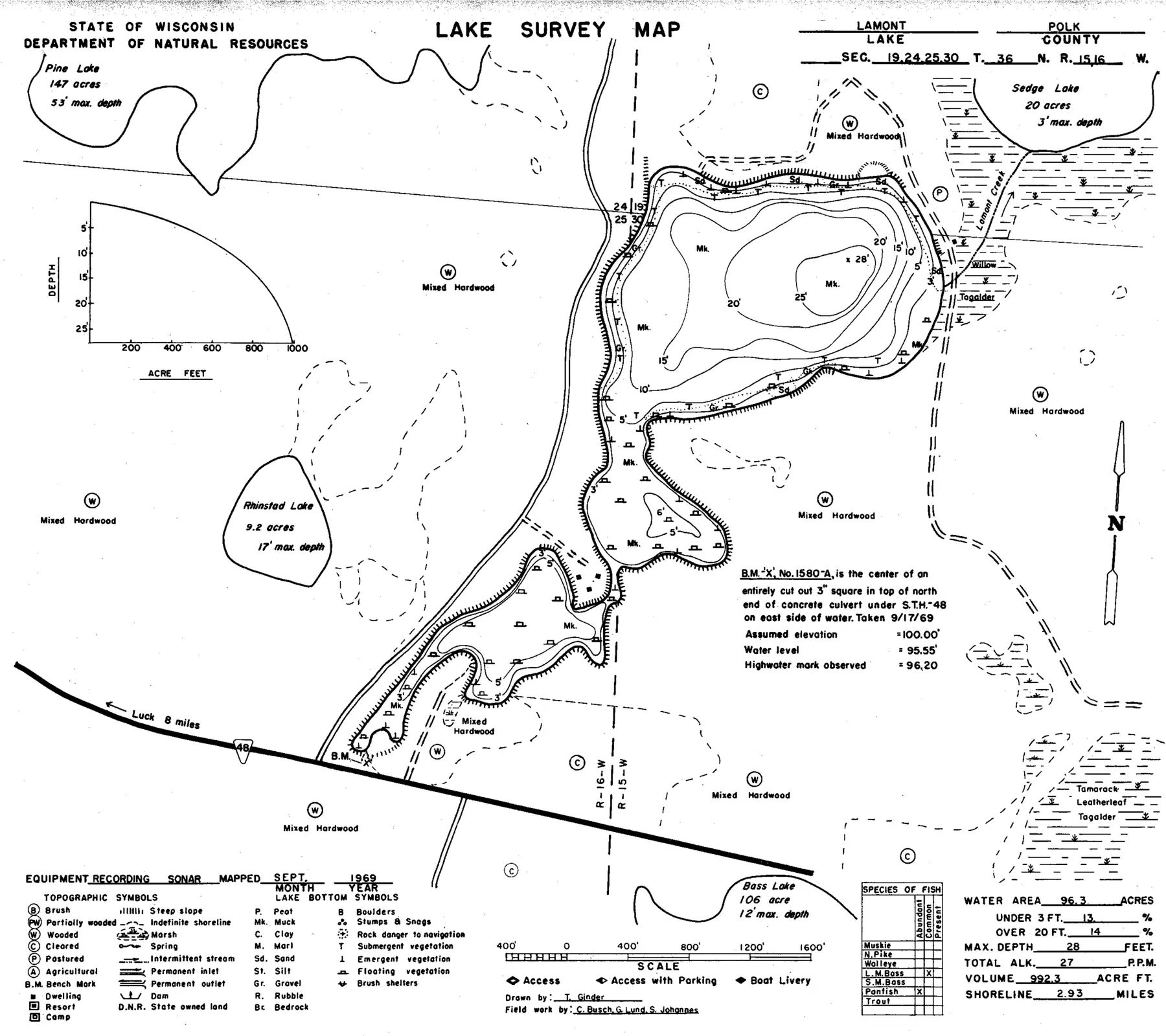 DNR survey map of Lamont Lake, with depths in feet. Tap to zoom.