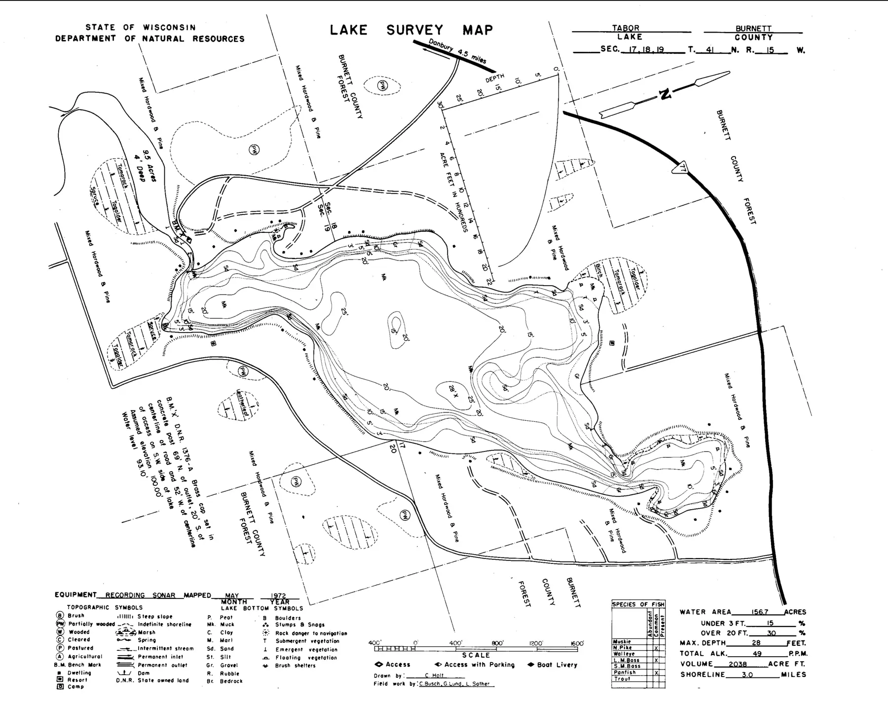 DNR survey map of Tabor Lake, with depths in feet. Tap to zoom.