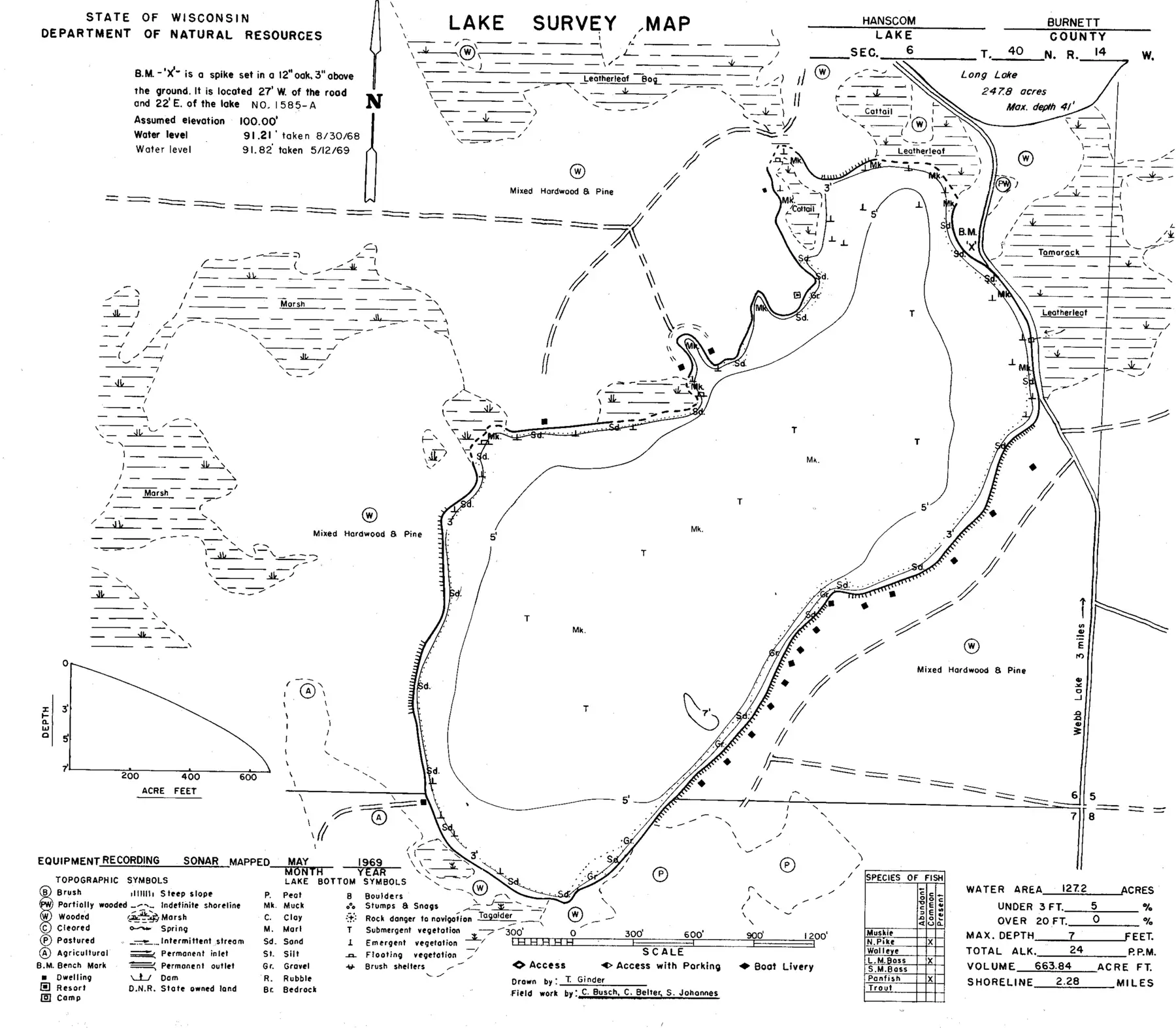 DNR survey map of Hanscom Lake, with depths in feet. Tap to zoom.