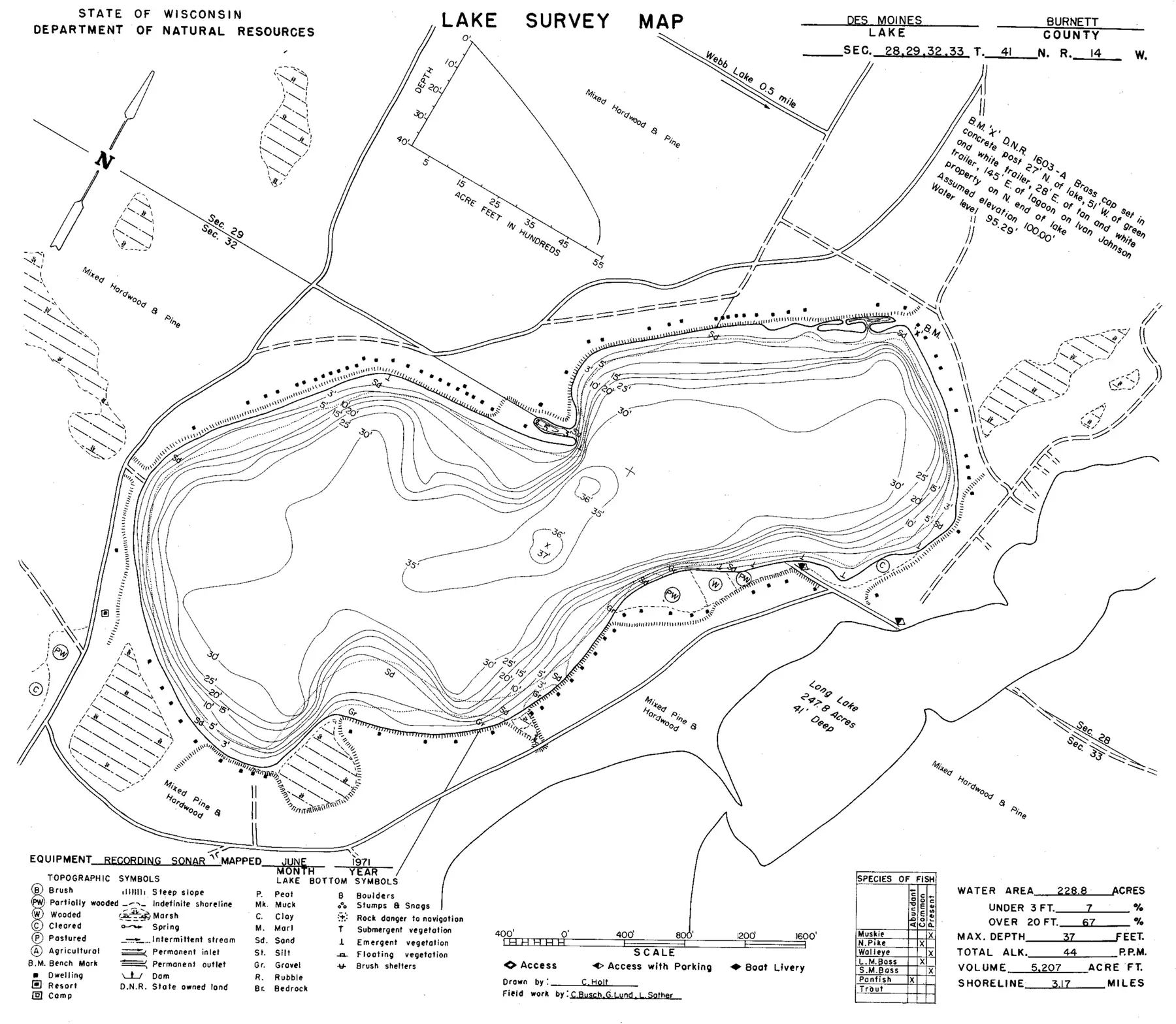 DNR survey map of Des Moines Lake, with depths in feet. Tap to zoom.