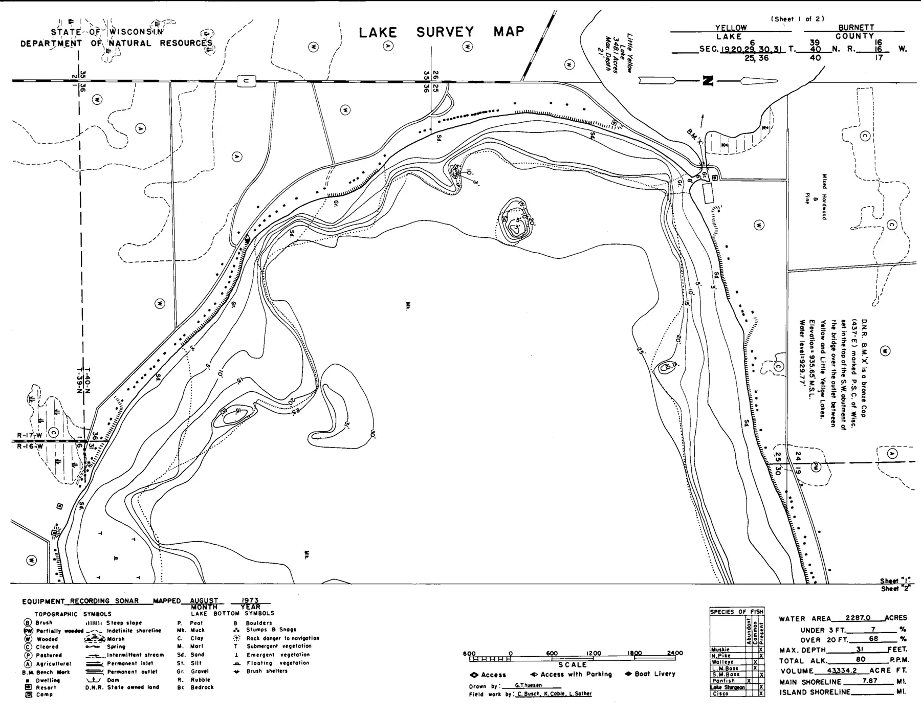 DNR survey map of Yellow Lake, sheet 1 of 2, with depths in feet. Tap to zoom.