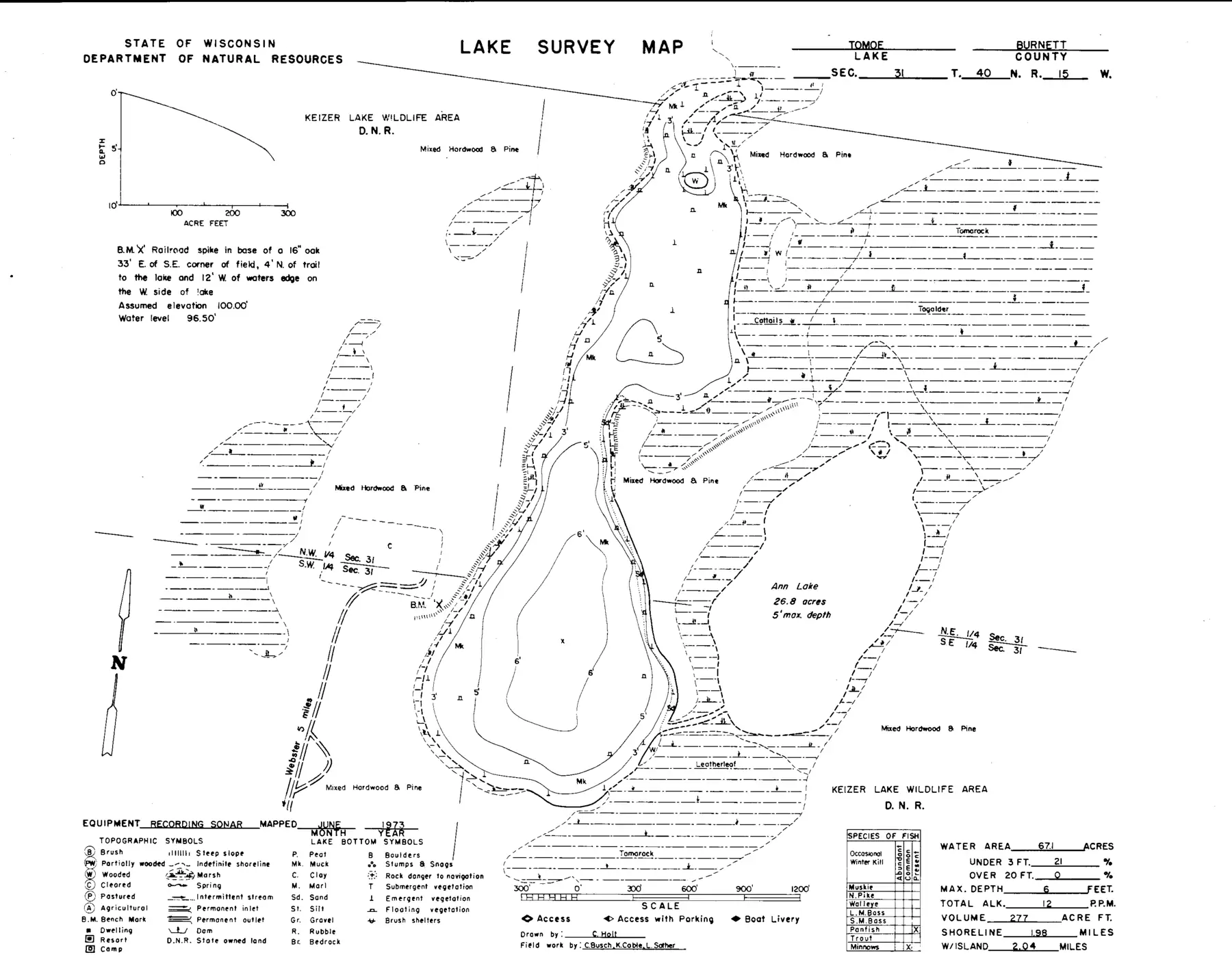 DNR survey map of Tomoe Lake, with depths in feet. Tap to zoom.