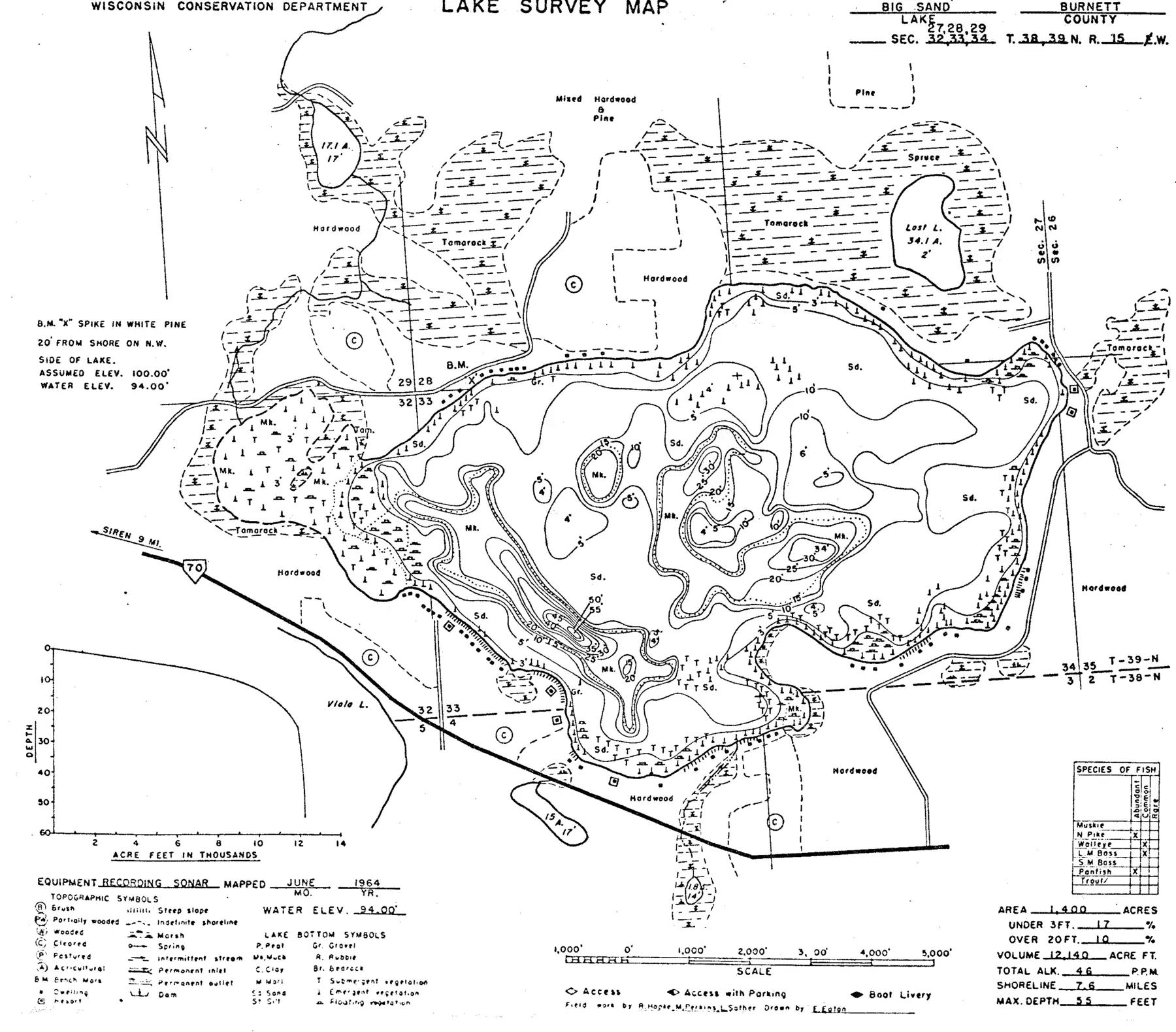DNR survey map of Big Sand Lake, with depths in feet. Tap to zoom.