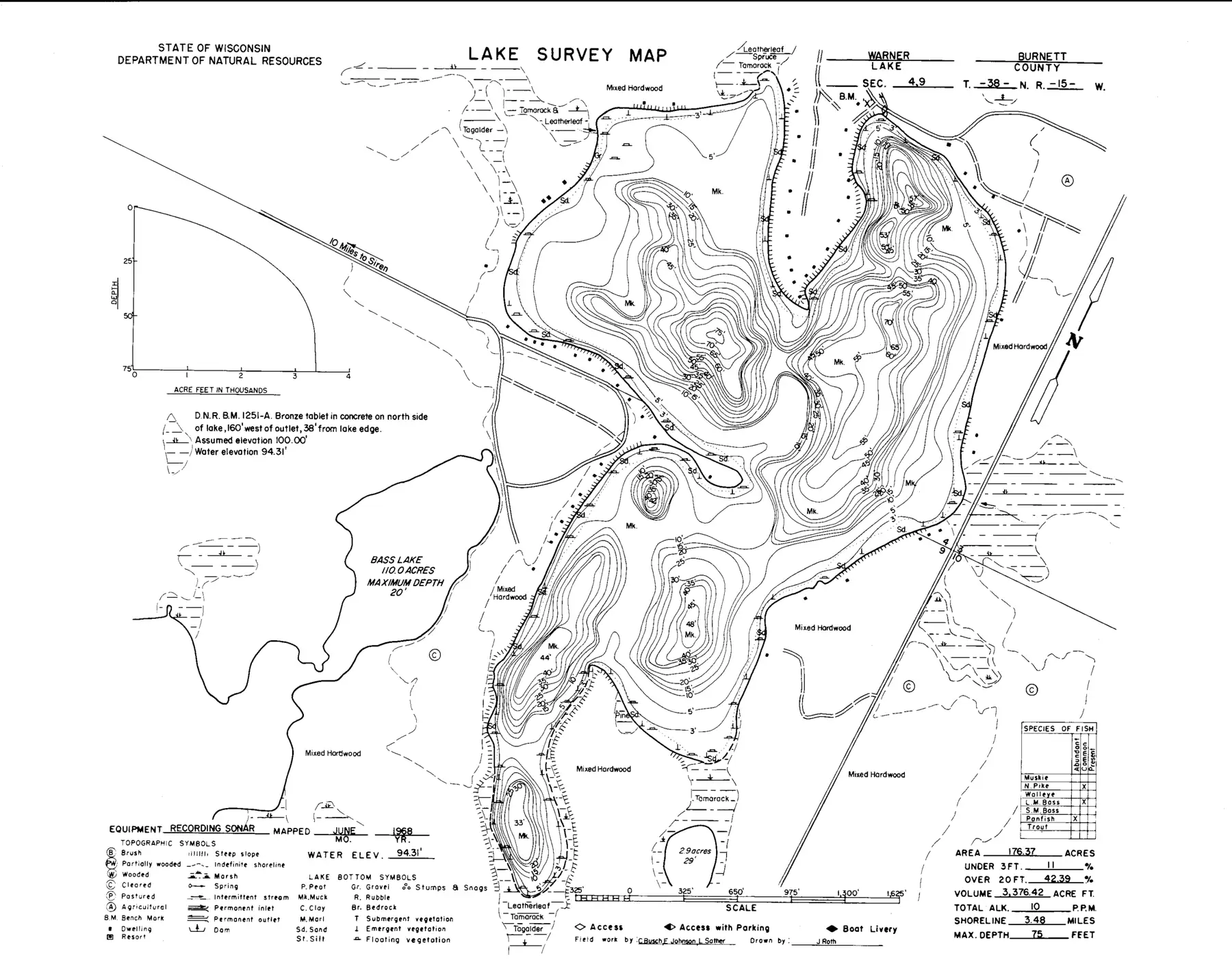DNR survey map of Warner Lake, with depths in feet. Tap to zoom.