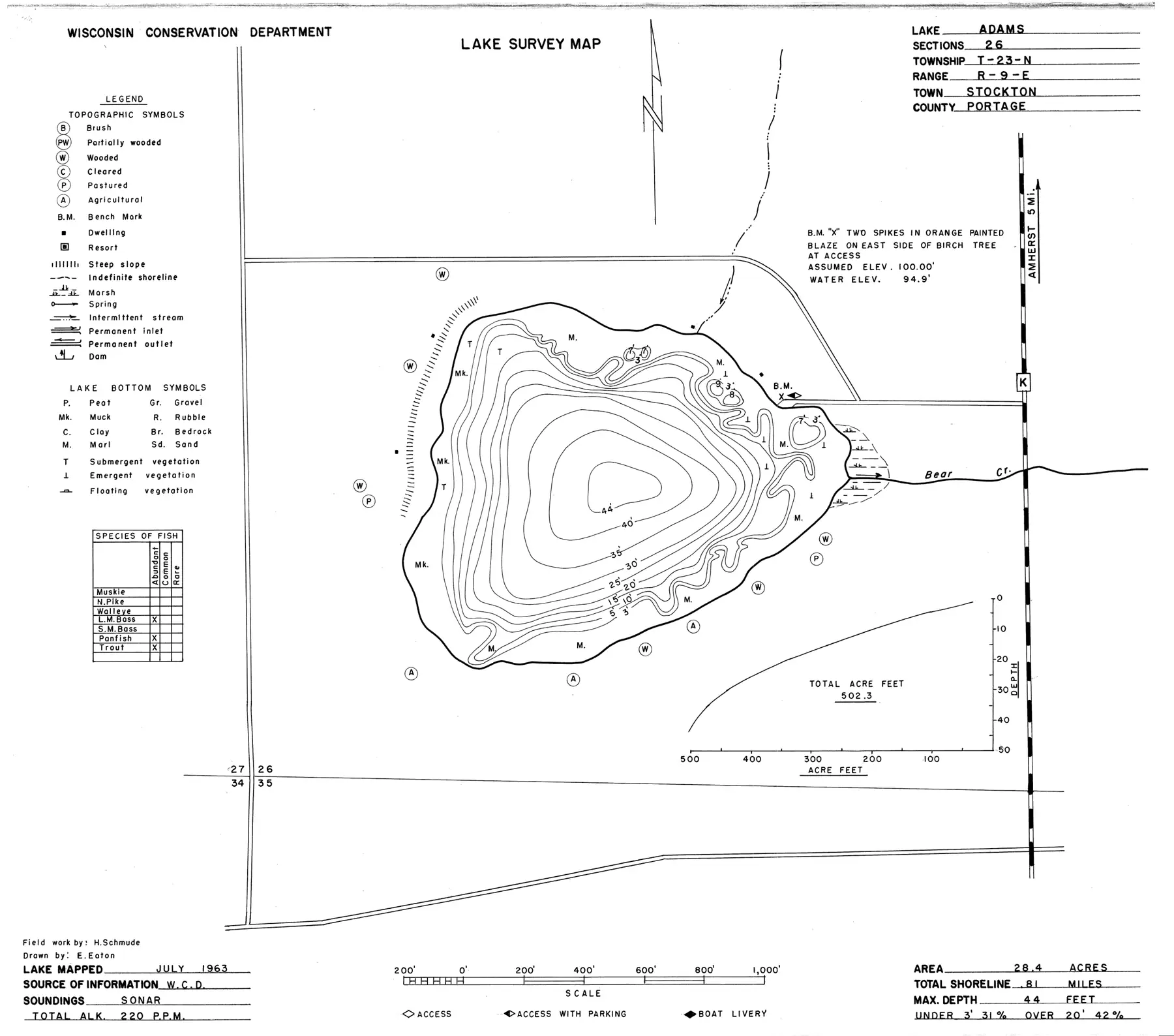 DNR survey map of Adams Lake, with depths in feet. Tap to zoom.