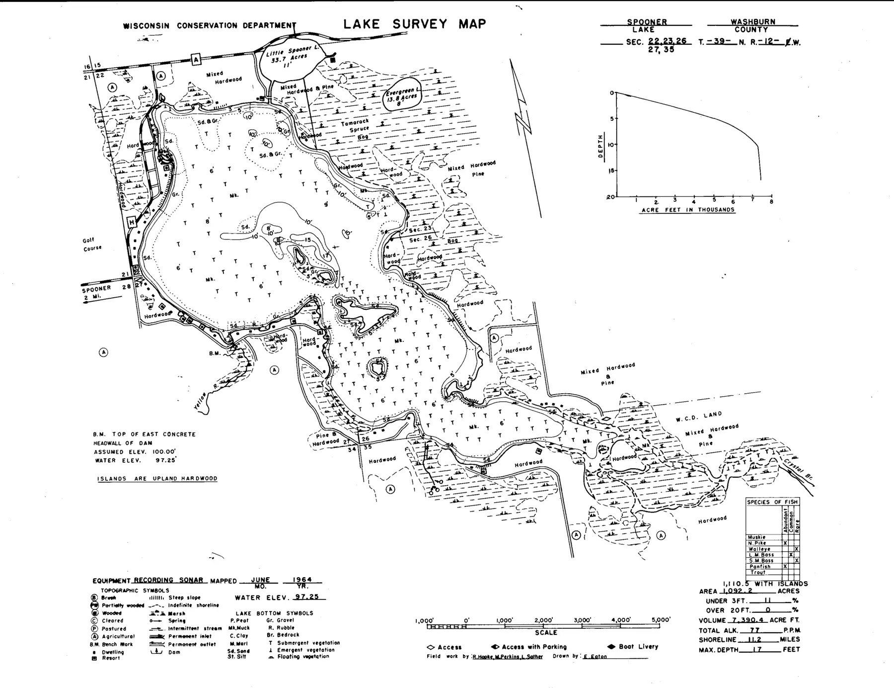 DNR survey map of Spooner Lake, with depths in feet. Tap to zoom.