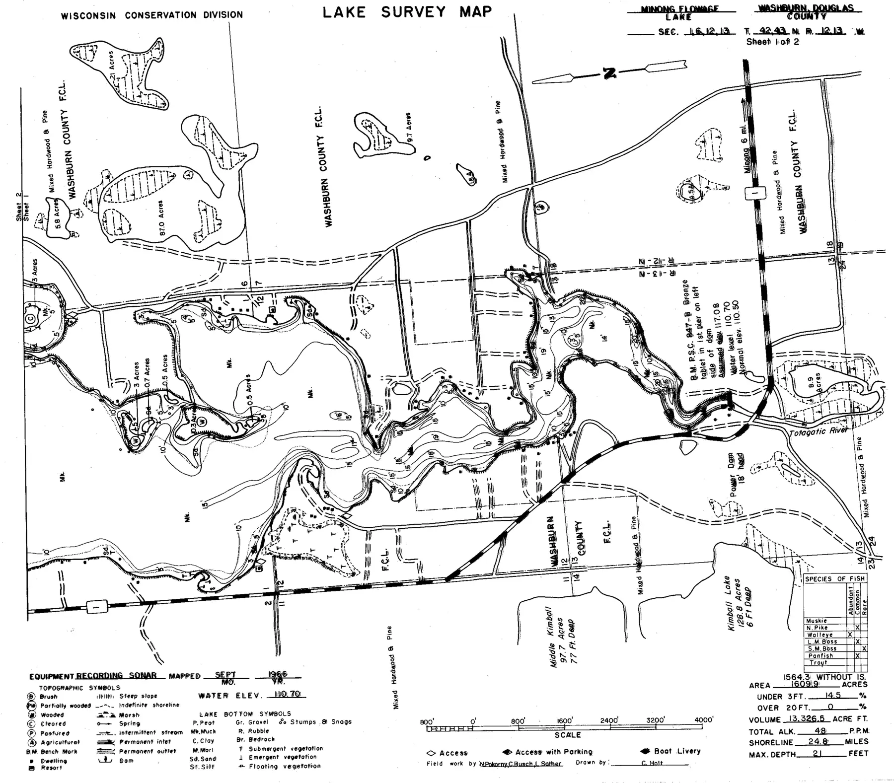 DNR survey map of Minong Flowage*(L Nancy), sheet 1 of 2, with depths in feet. Tap to zoom.