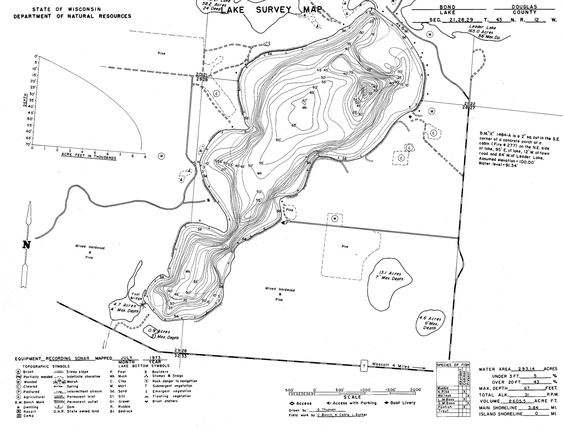 DNR survey map of Bond Lake, with depths in feet. Tap to zoom.