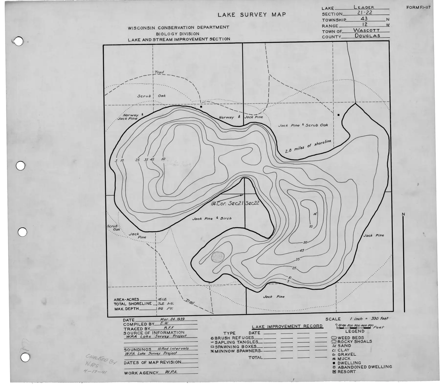 DNR survey map of Leader Lake, sheet 1 of 3, with depths in feet. Tap to zoom.