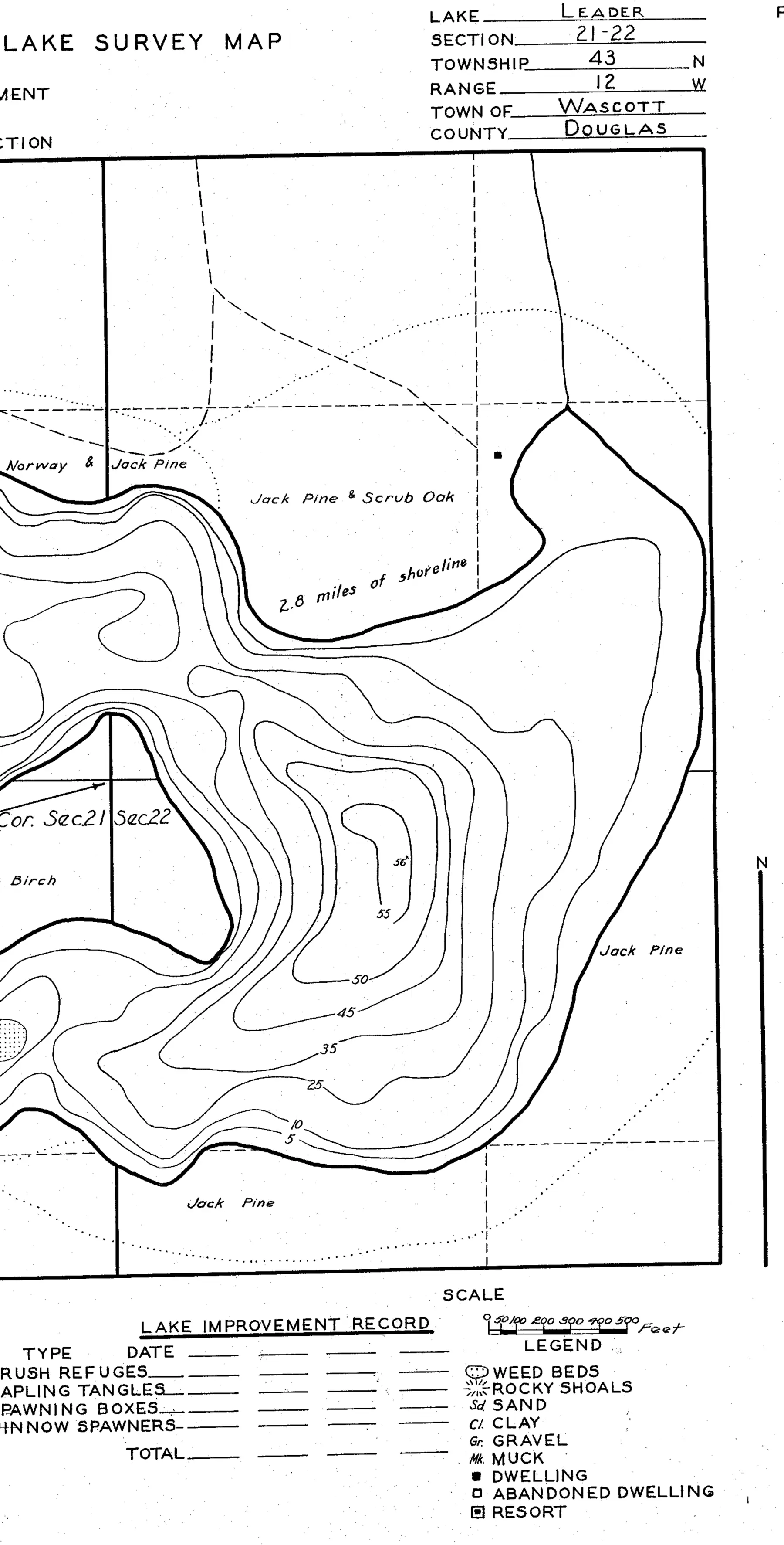 DNR survey map of Leader Lake, sheet 2 of 3, with depths in feet. Tap to zoom.