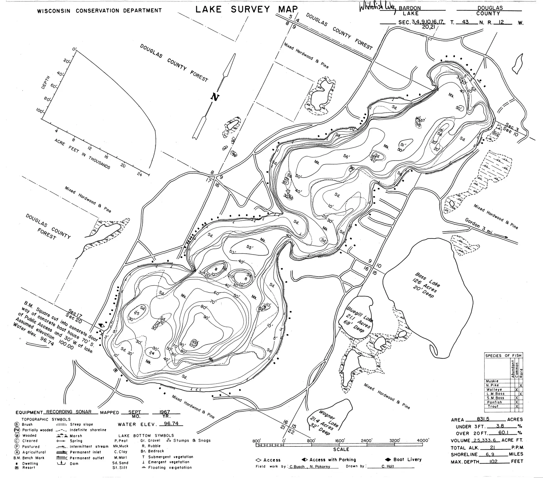 DNR survey map of Whitefish Lake, with depths in feet. Tap to zoom.