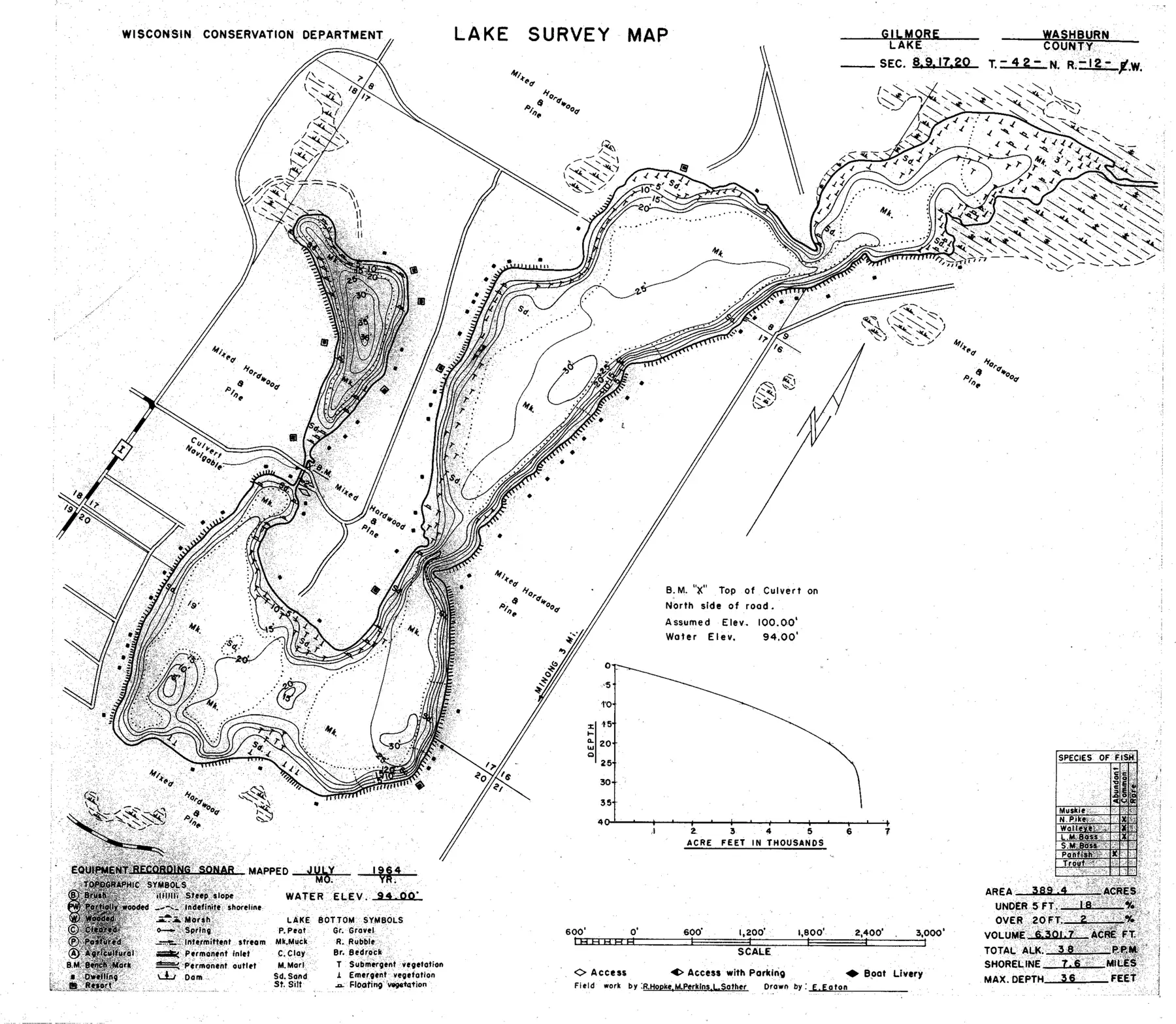 DNR survey map of Gilmore Lake, with depths in feet. Tap to zoom.