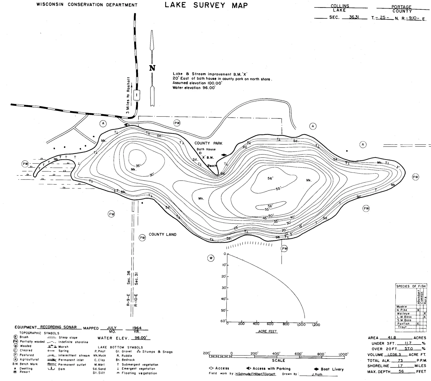 DNR survey map of Collins Lake, with depths in feet. Tap to zoom.