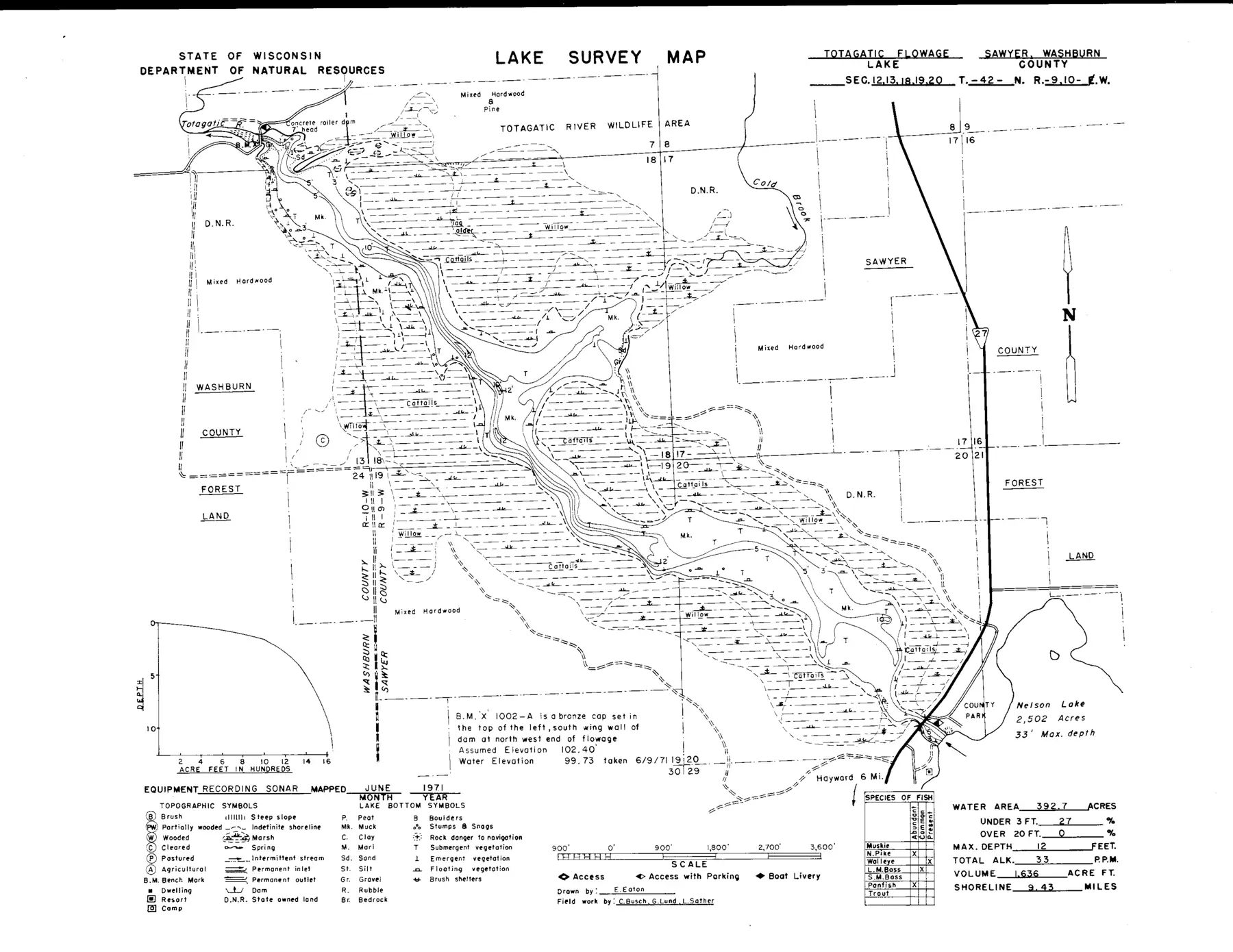 DNR survey map of Totagatic Flowage*, with depths in feet. Tap to zoom.
