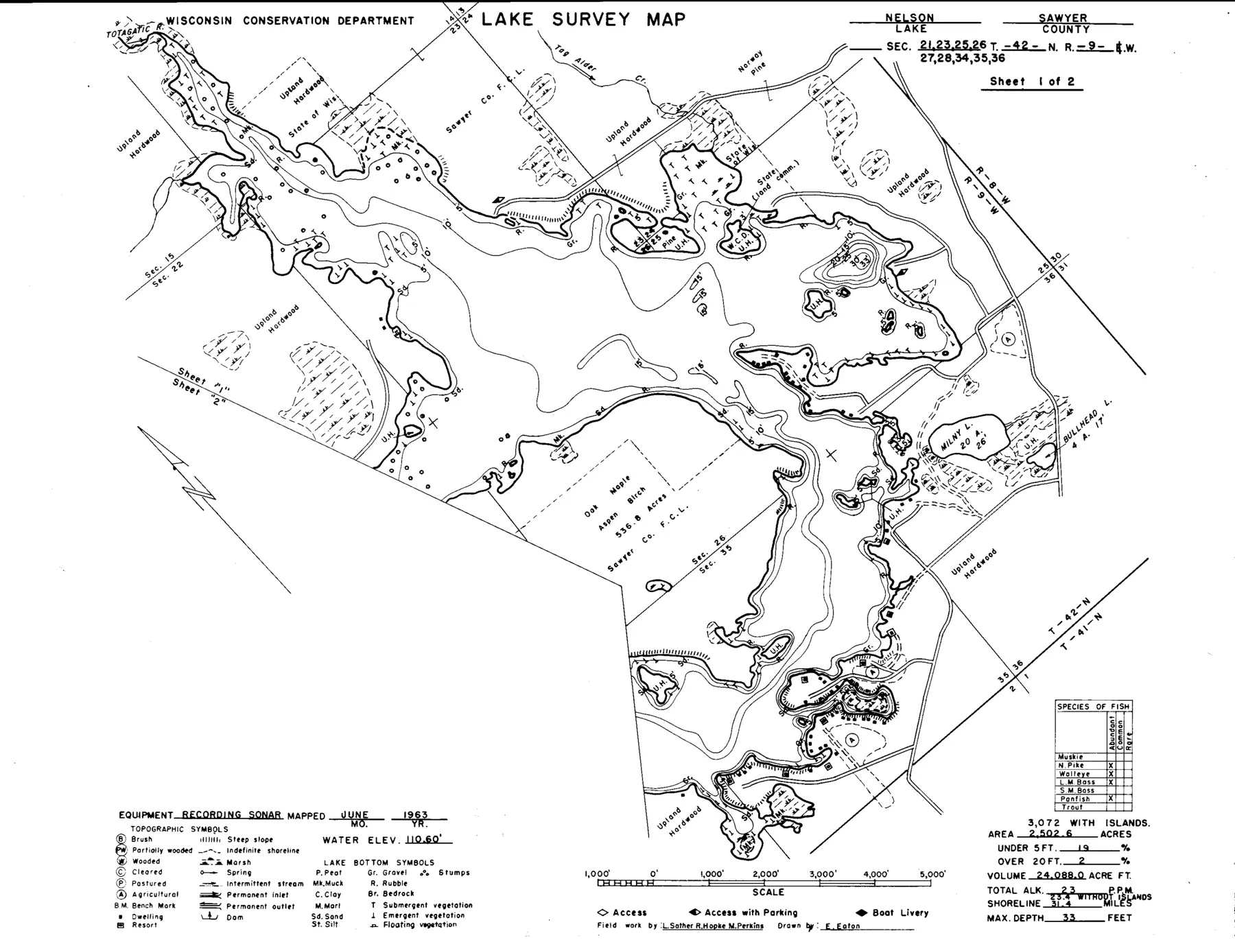 DNR survey map of Nelson Lake (Totagatic Flow), sheet 1 of 2, with depths in feet. Tap to zoom.