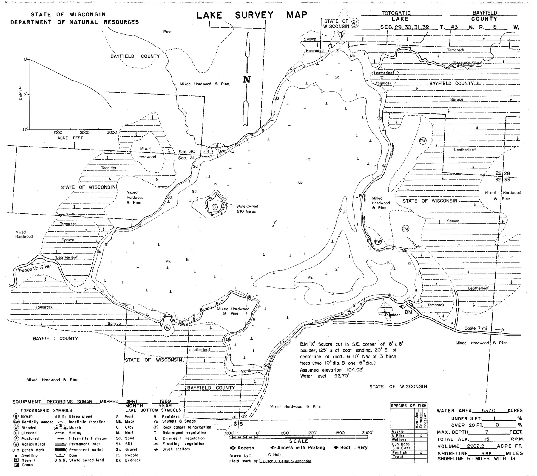 DNR survey map of Totagatic Lake, with depths in feet. Tap to zoom.