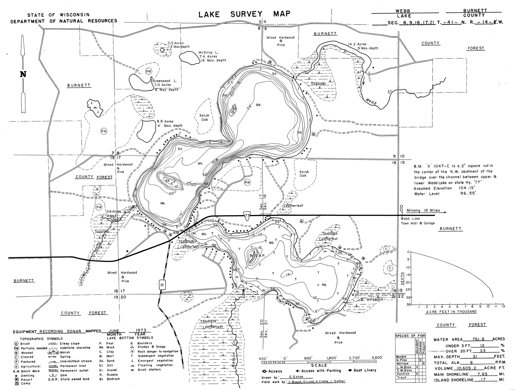 DNR survey map of Webb Lake, with depths in feet. Tap to zoom.
