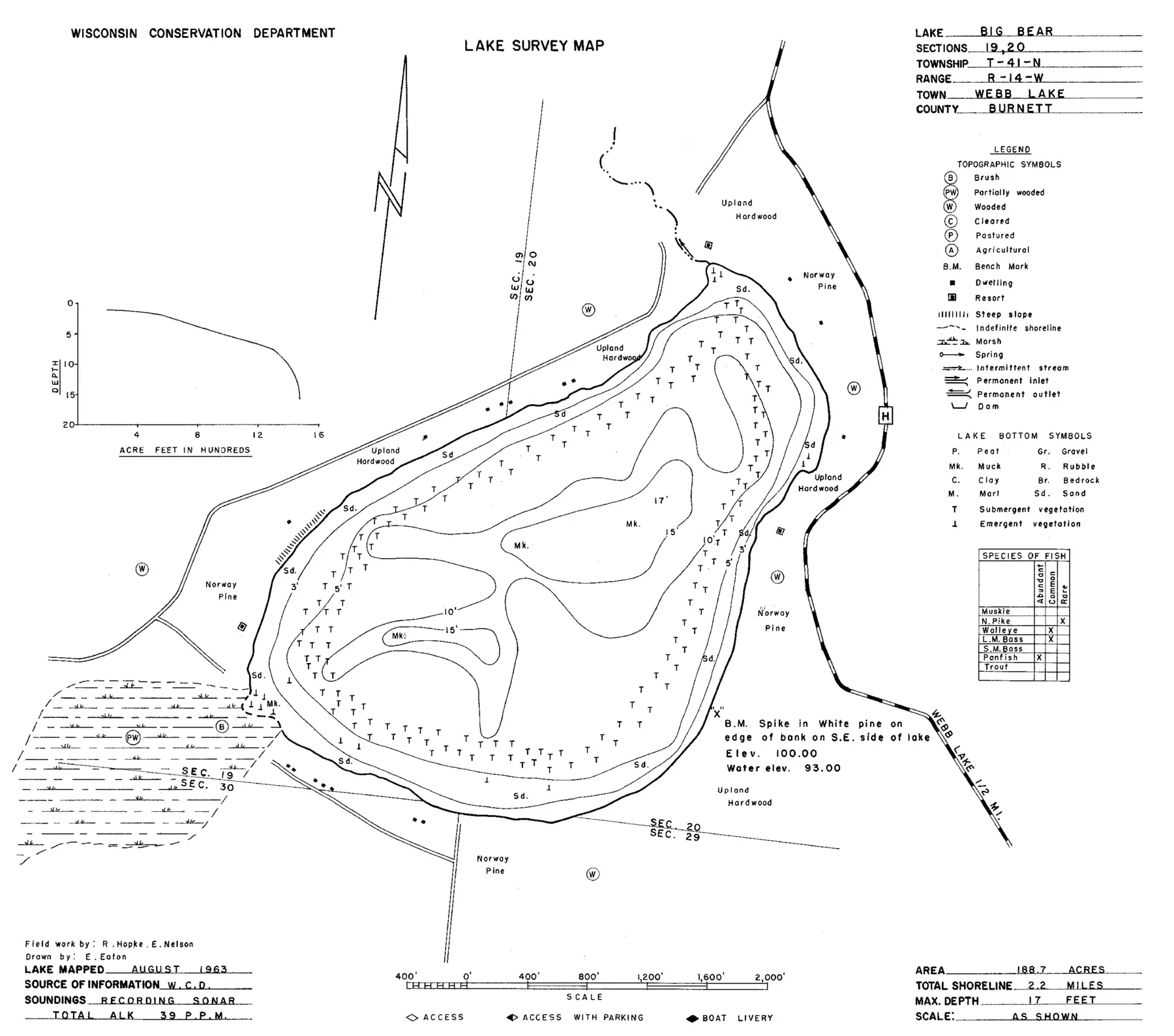 DNR survey map of Big Bear Lake, with depths in feet. Tap to zoom.