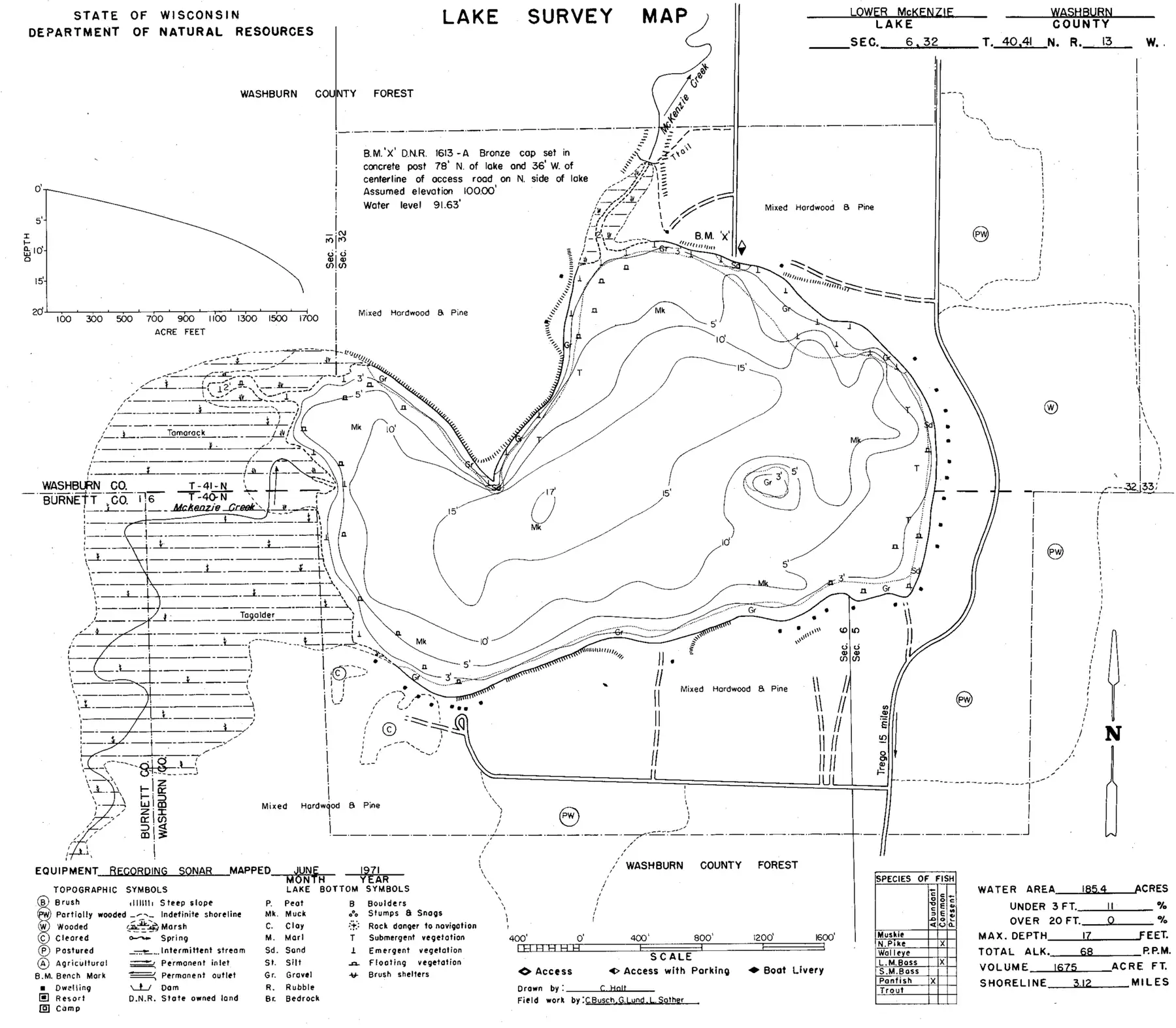 DNR survey map of Lower McKenzie Lake, with depths in feet. Tap to zoom.