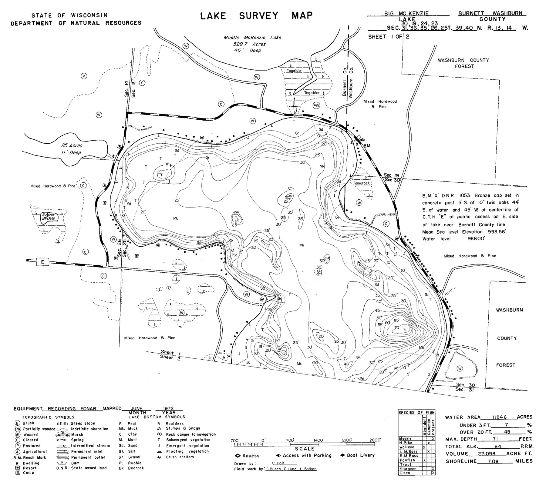 DNR survey map of McKenzie Lake, sheet 1 of 2, with depths in feet. Tap to zoom.