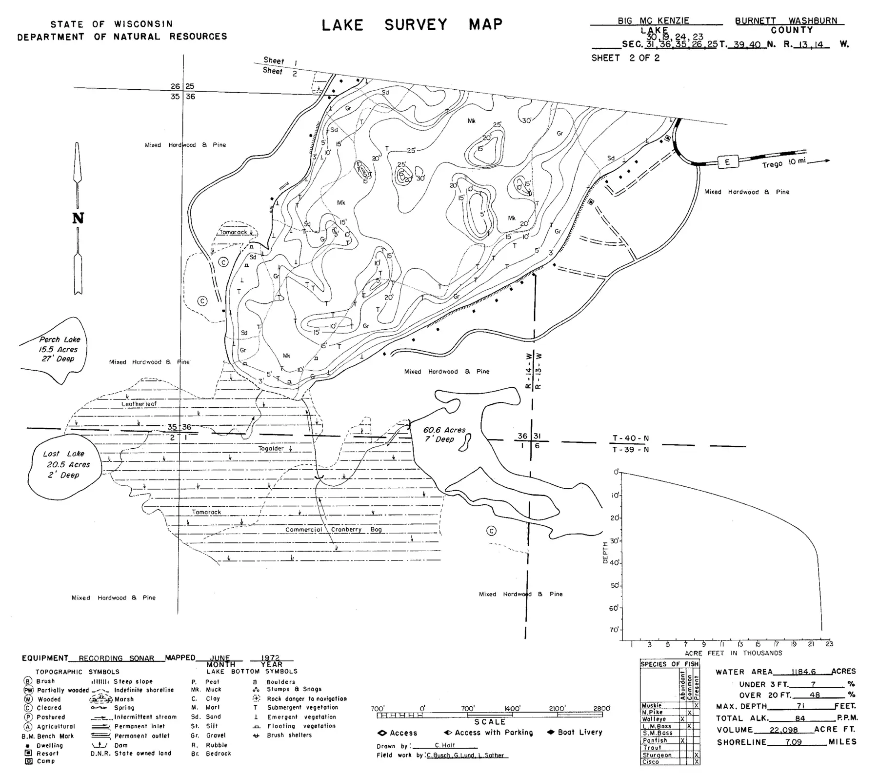 DNR survey map of McKenzie Lake, sheet 2 of 2, with depths in feet. Tap to zoom.