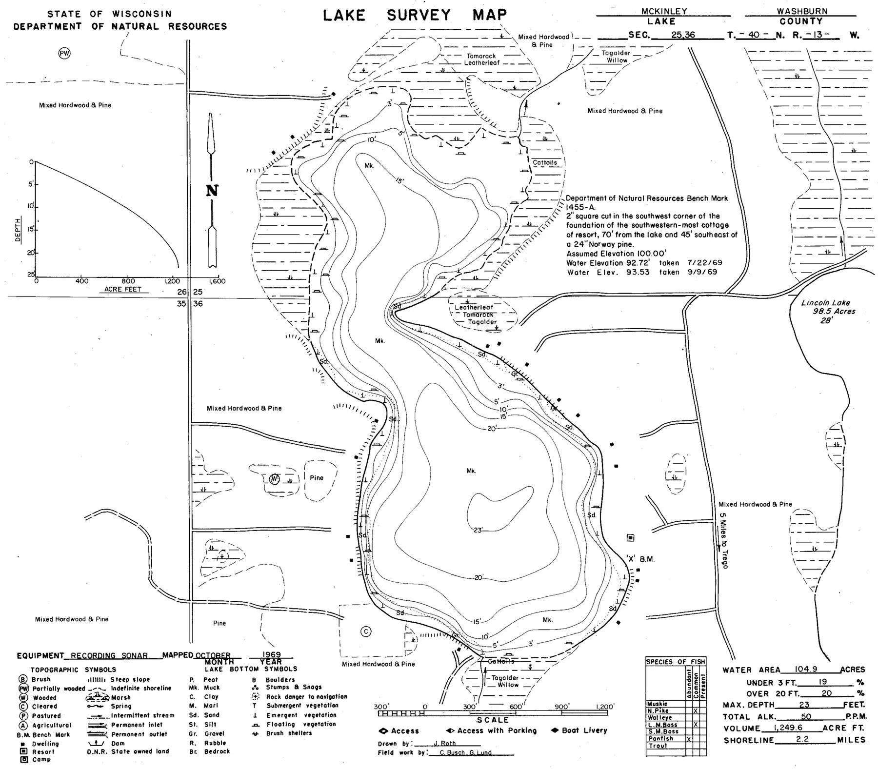 DNR survey map of McKinley Lake, with depths in feet. Tap to zoom.