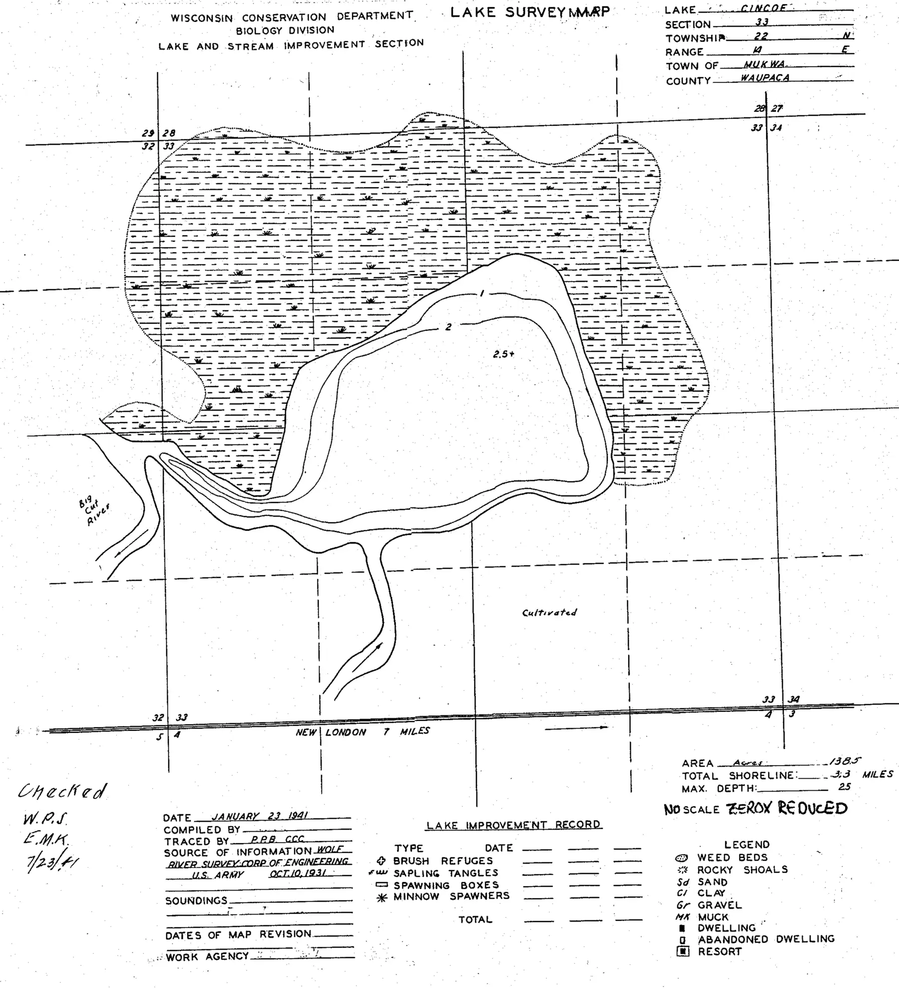 DNR survey map of Cincoe Lake, with depths in feet. Tap to zoom.