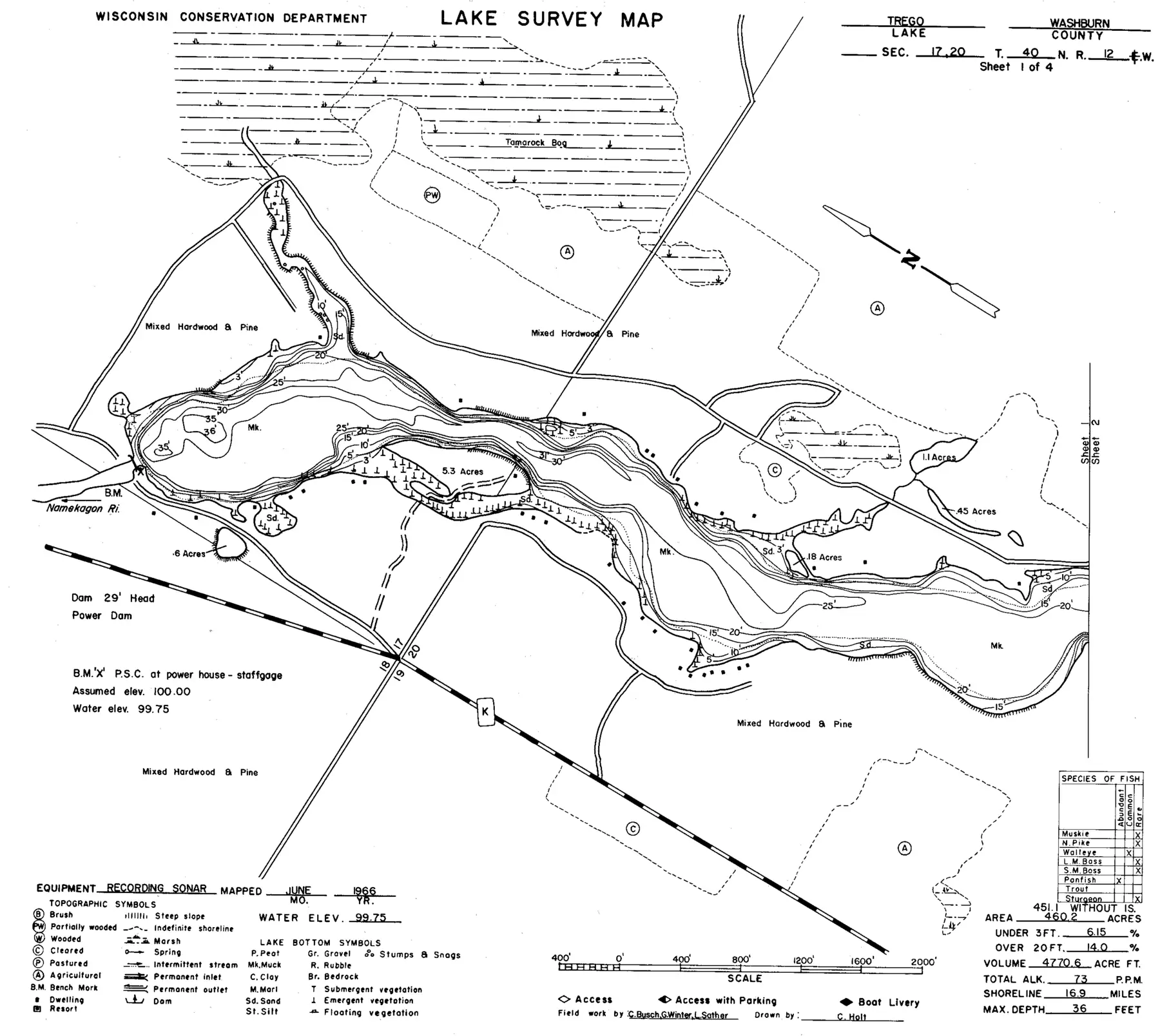 DNR survey map of Trego Lake, sheet 1 of 4, with depths in feet. Tap to zoom.