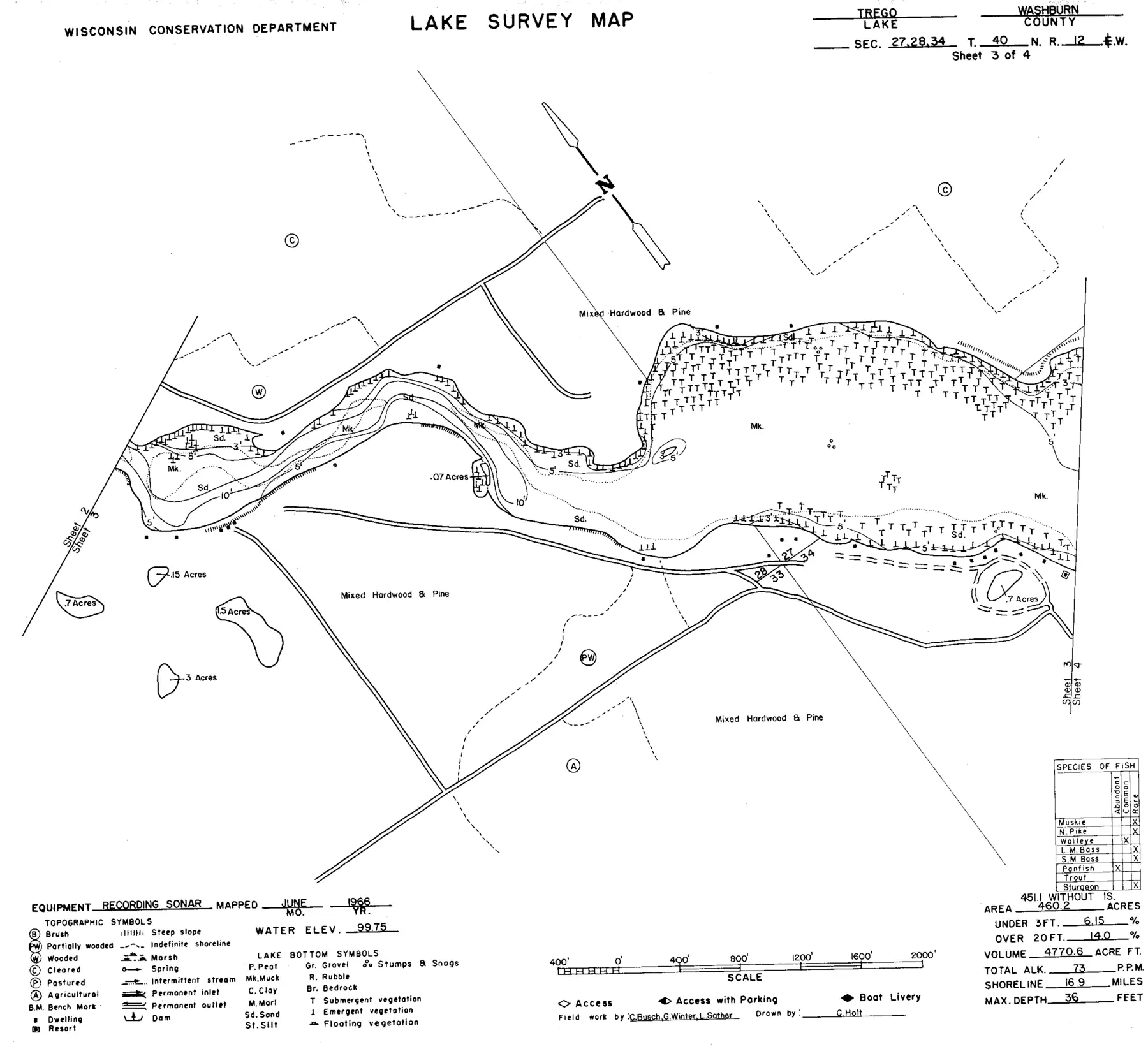 DNR survey map of Trego Lake, sheet 3 of 4. Tap to zoom.