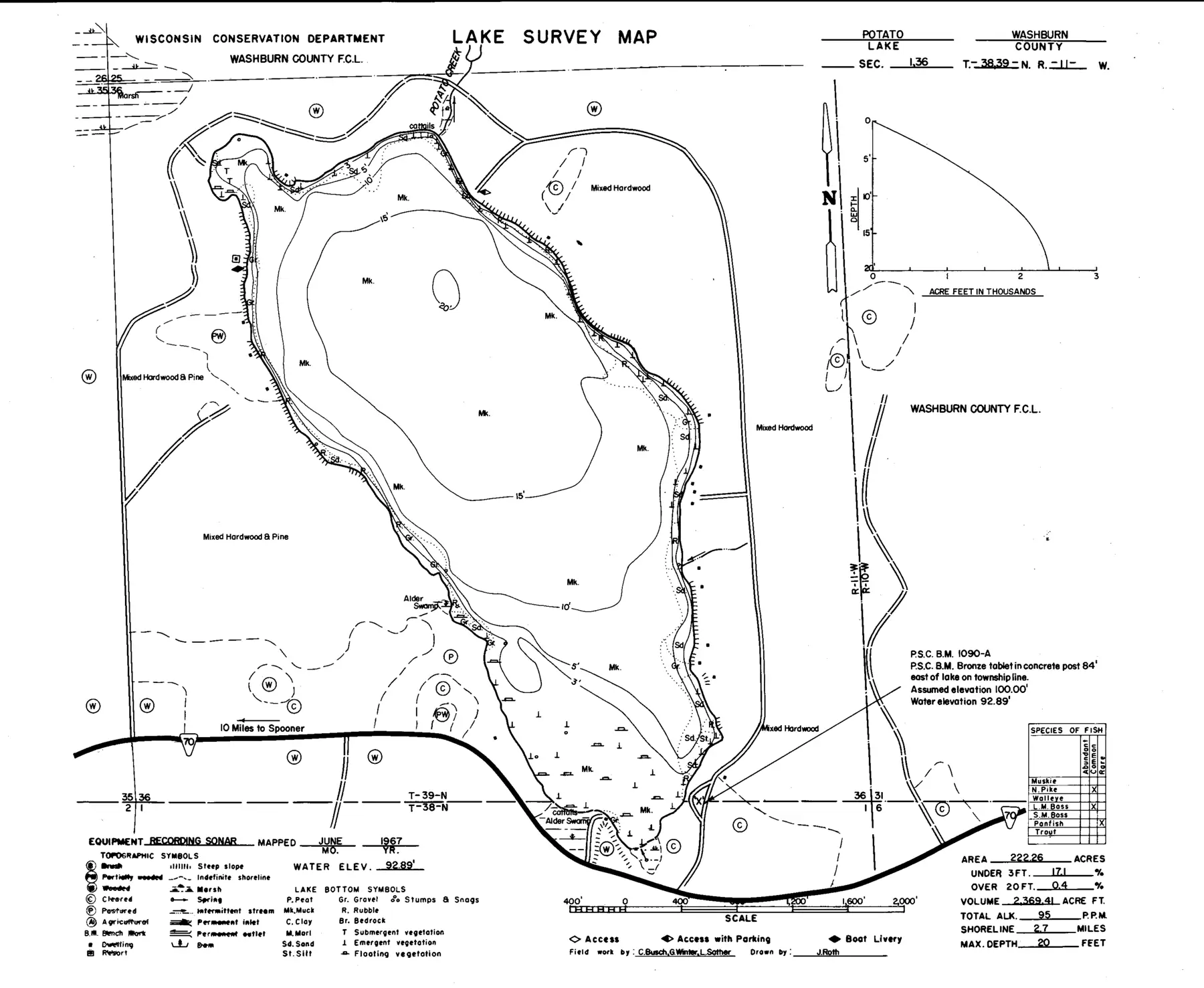 DNR survey map of Potato Lake, with depths in feet. Tap to zoom.