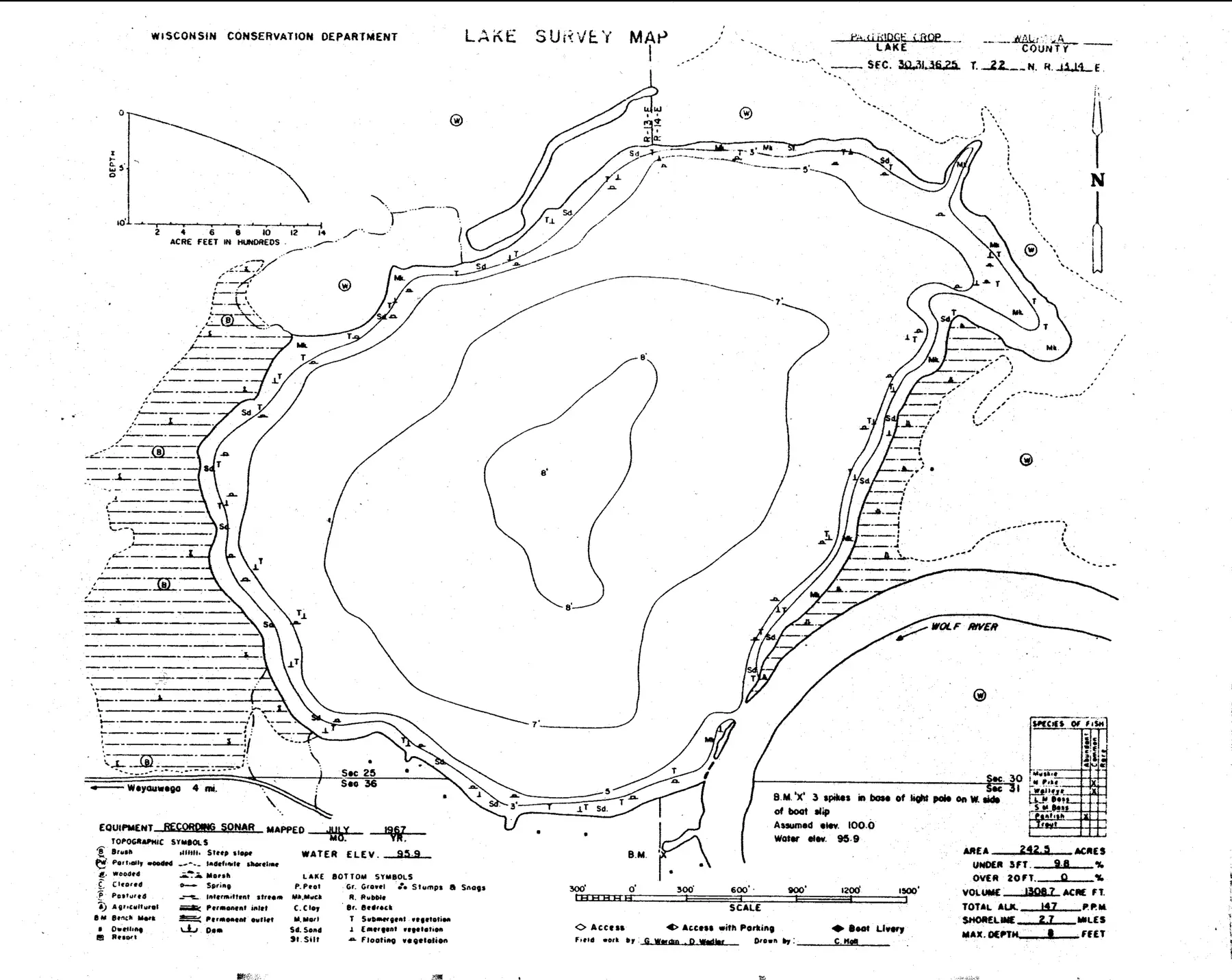 DNR survey map of Partridge Crop Lake, with depths in feet. Tap to zoom.