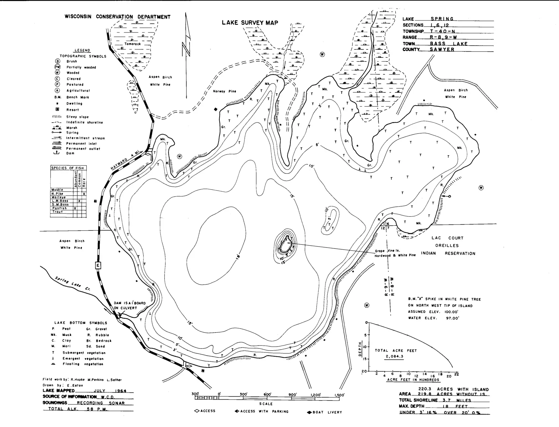 DNR survey map of Spring Lake, with depths in feet. Tap to zoom.