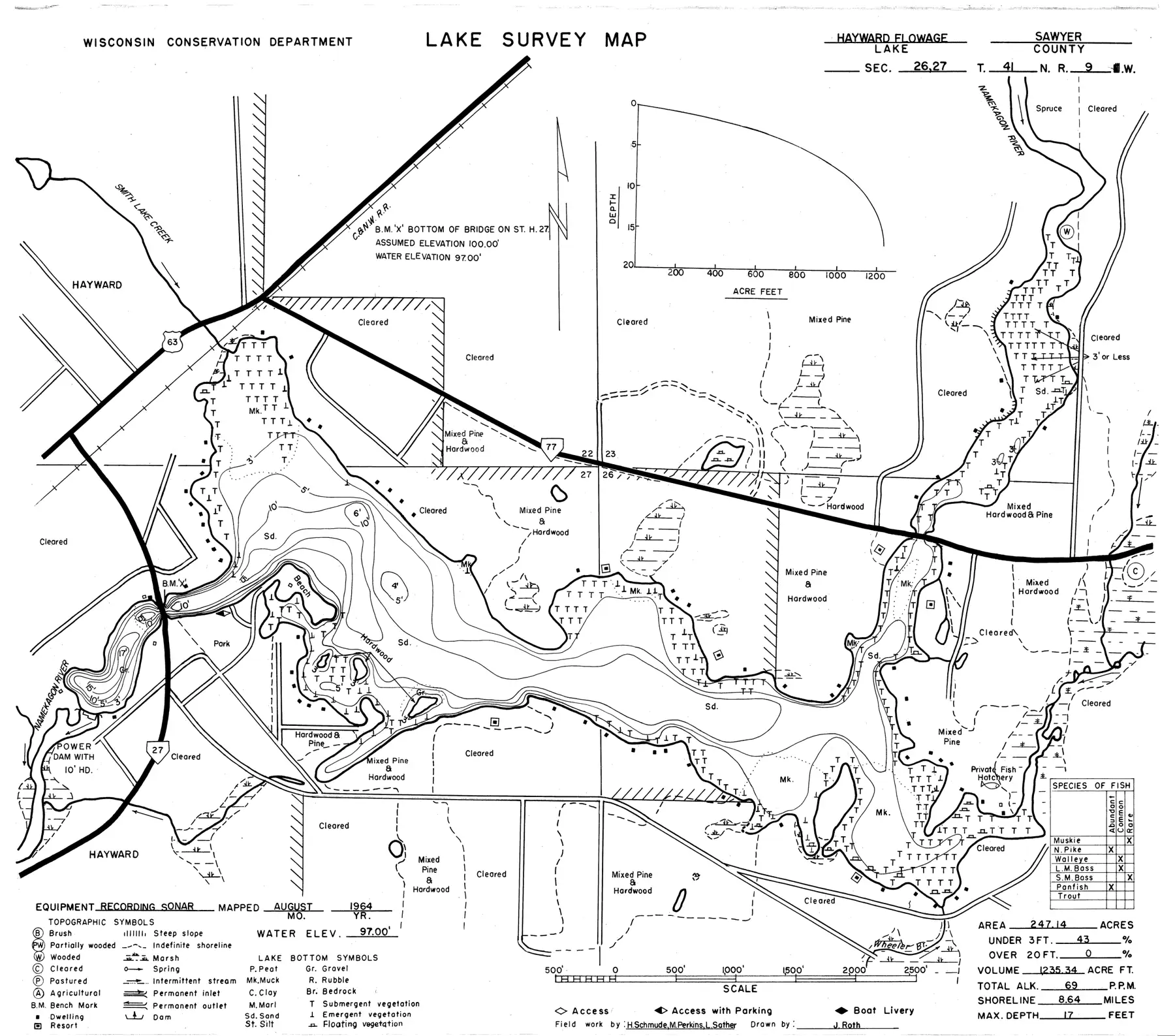 DNR survey map of Hayward Lake, with depths in feet. Tap to zoom.