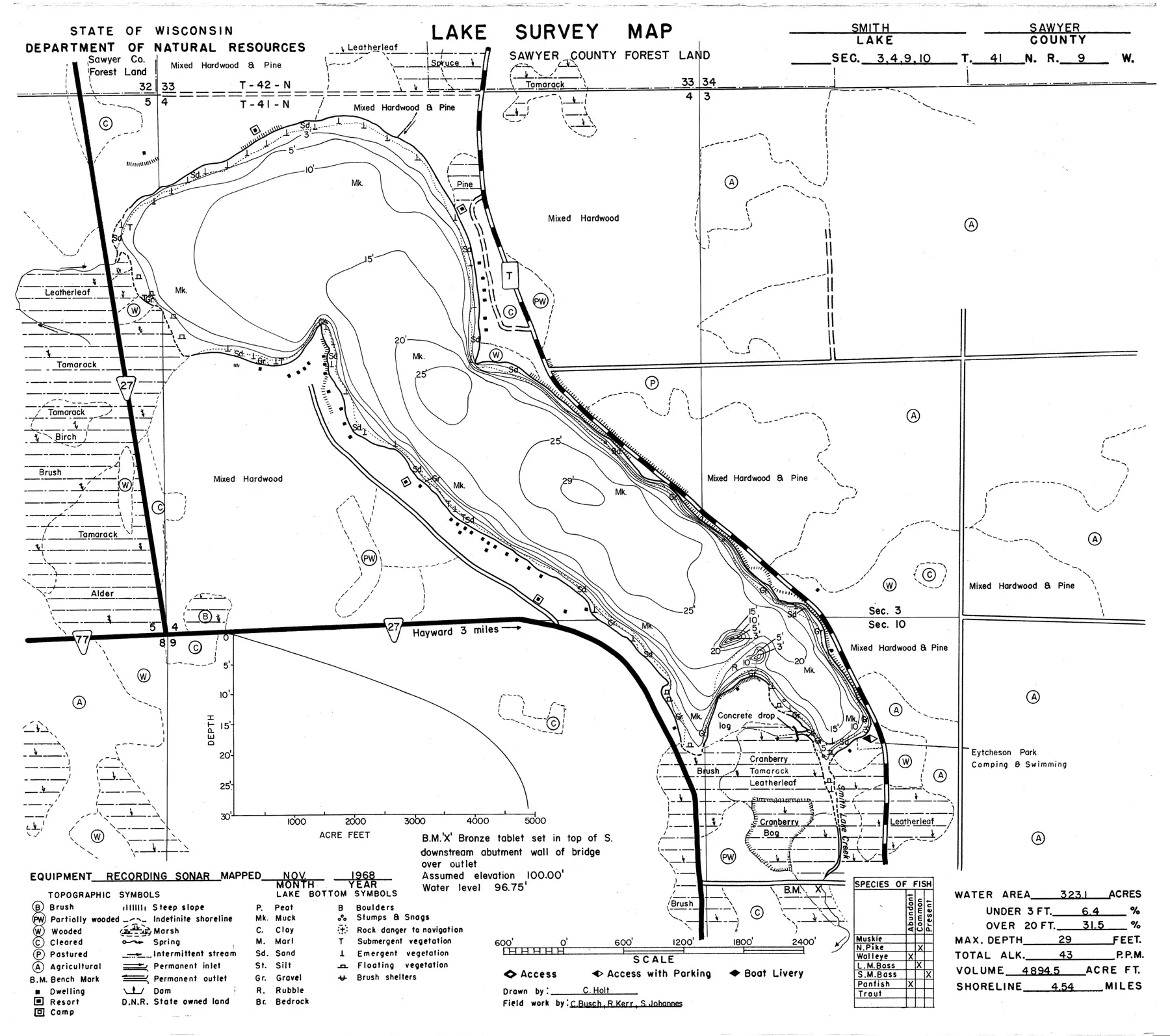 DNR survey map of Smith Lake, with depths in feet. Tap to zoom.
