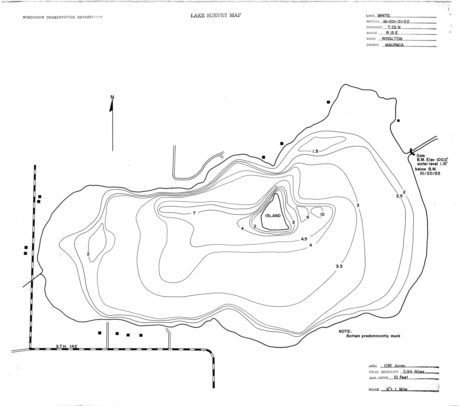 DNR survey map of White Lake, with depths in feet. Tap to zoom.