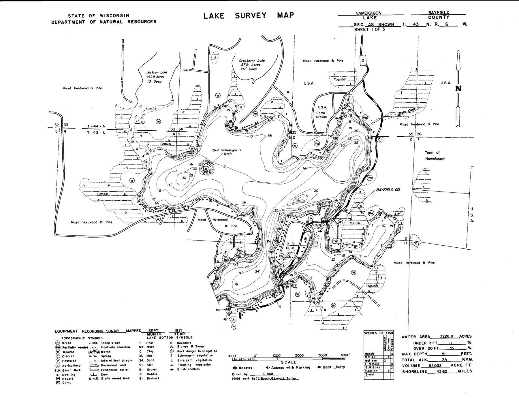 DNR survey map of Namekagon Lake, sheet 1 of 3, with depths in feet. Tap to zoom.